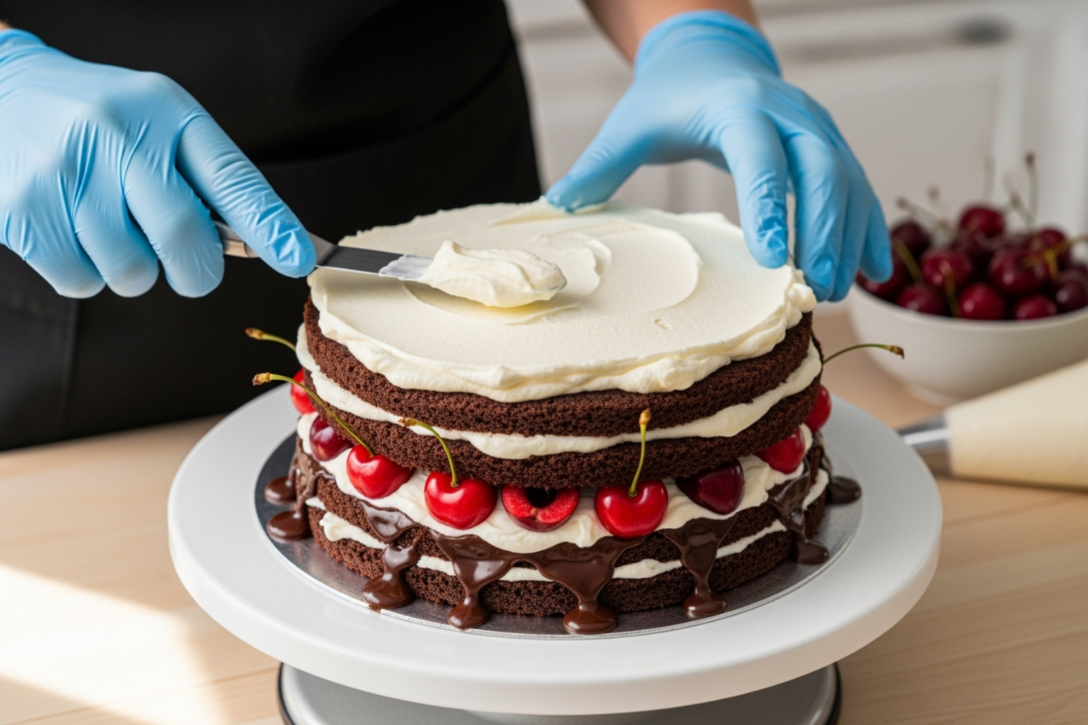 cake being assembled - stracciatella kirsch torte