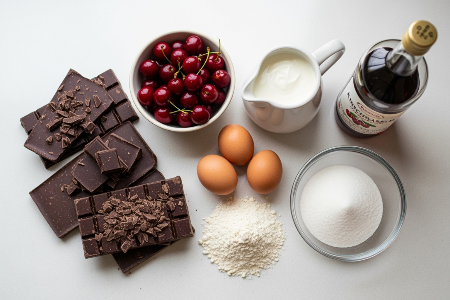 key ingredients arranged - stracciatella kirsch torte