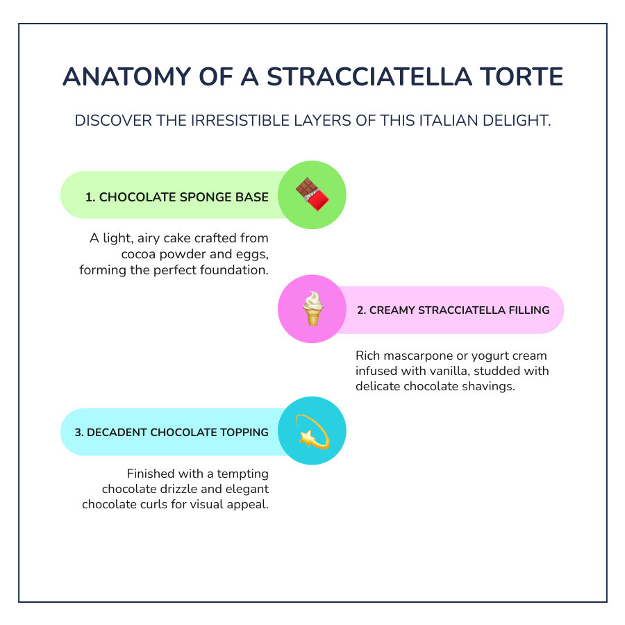 Detailed cross-section diagram showing the three distinct layers of a Stracciatella Torte: bottom chocolate sponge base made with cocoa powder and eggs, middle creamy stracciatella filling with visible chocolate shavings mixed into mascarpone or yogurt cream stabilized with gelatin, and top chocolate drizzle decoration with chocolate curls - stracciatella creme torte infographic infographic-line-3-steps-colors