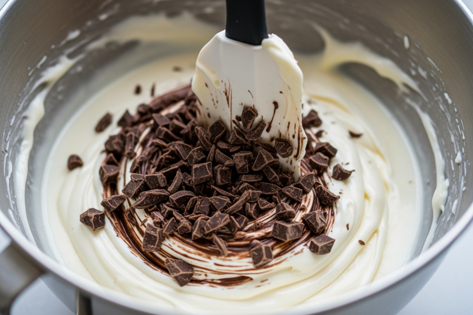 Chopped chocolate being gently folded into the cream mixture in a mixing bowl - stracciatella creme torte