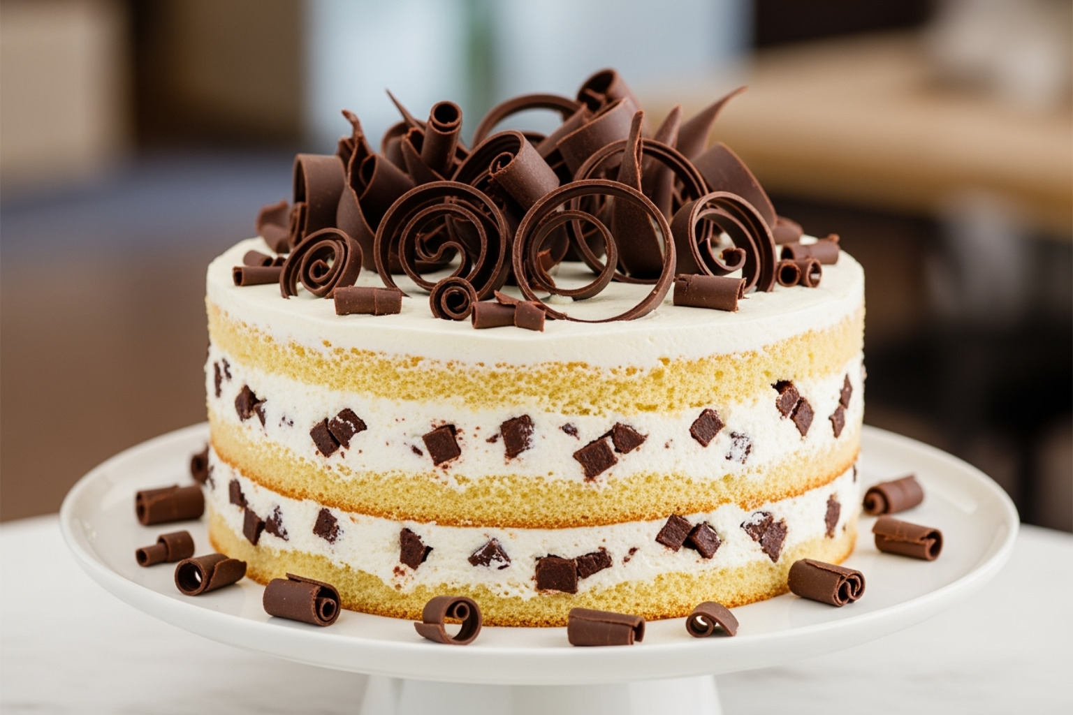 Whole Stracciatella Torte decorated with chocolate curls on a cake stand - stracciatella creme torte