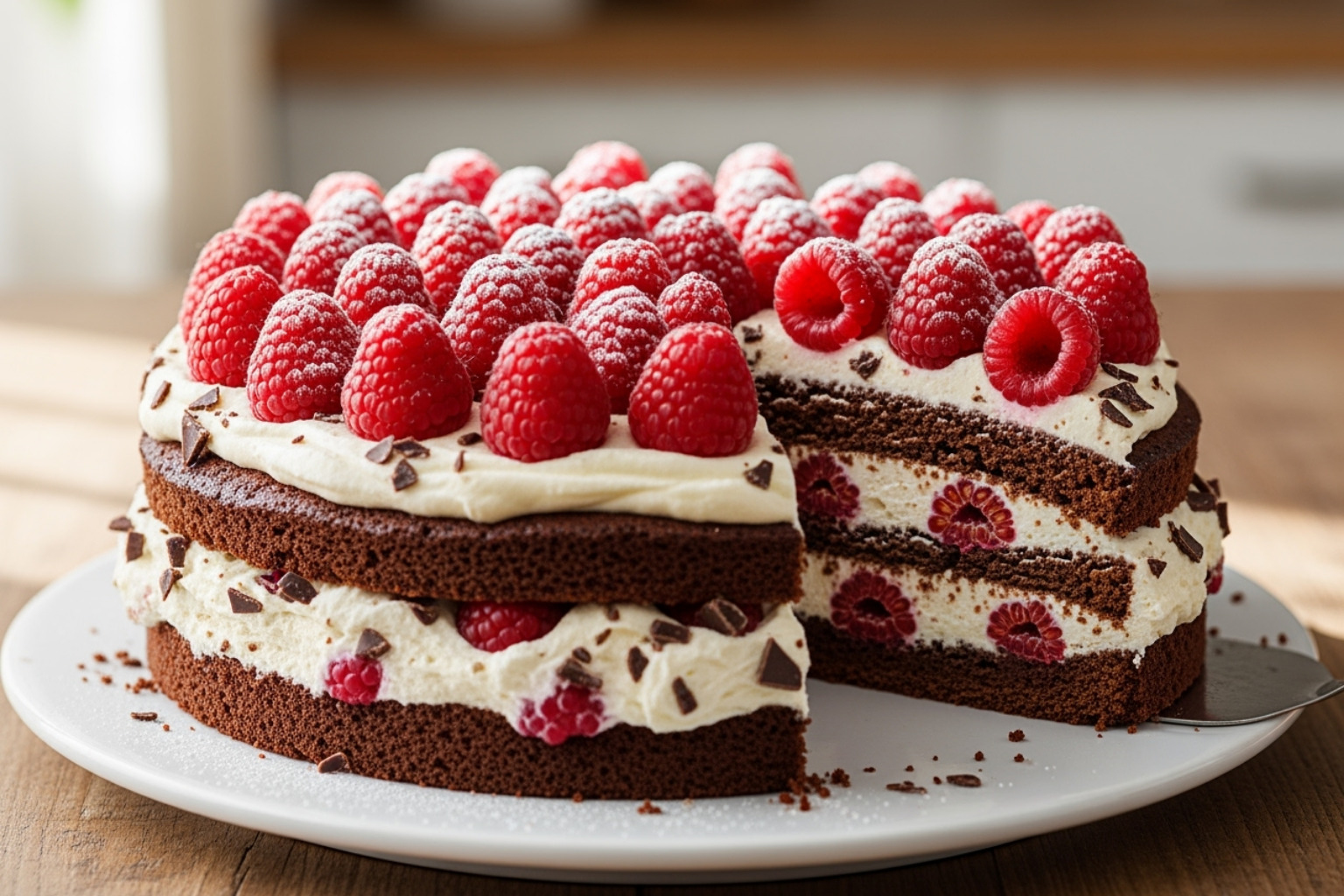 Stracciatella Torte with fresh raspberry topping and a dusting of powdered sugar - stracciatella creme torte