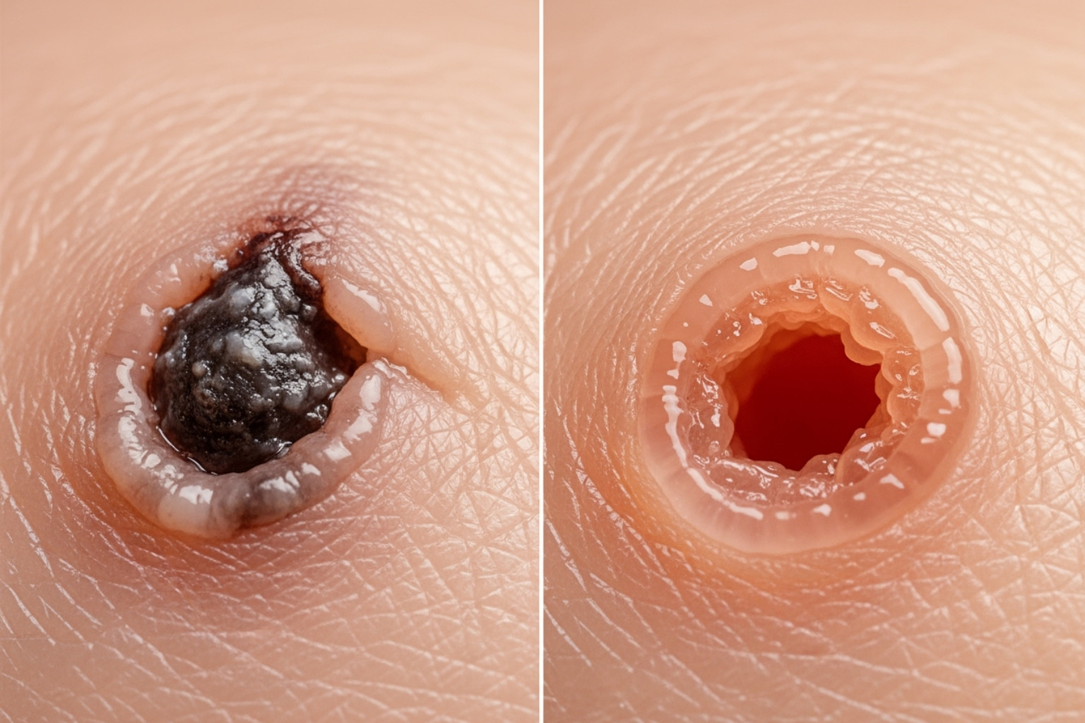 Side-by-side comparison of a clogged pore (blackhead/whitehead) and an enlarged but clear pore - Oily skin pores