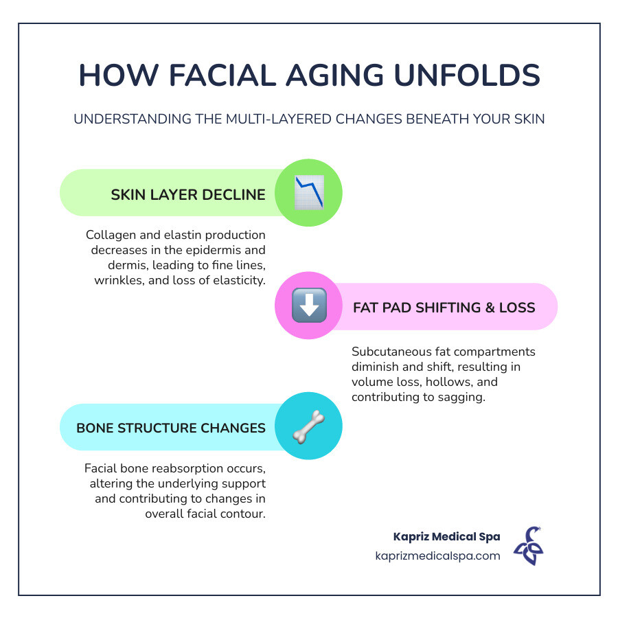 Comprehensive infographic showing the layers of facial skin (epidermis, dermis, hypodermis) with labeled aging signs including collagen breakdown, elastin loss, fat pad shifting, fine lines, wrinkles, volume loss, and bone density changes over time - Natural facial rejuvenation infographic infographic-line-3-steps-colors