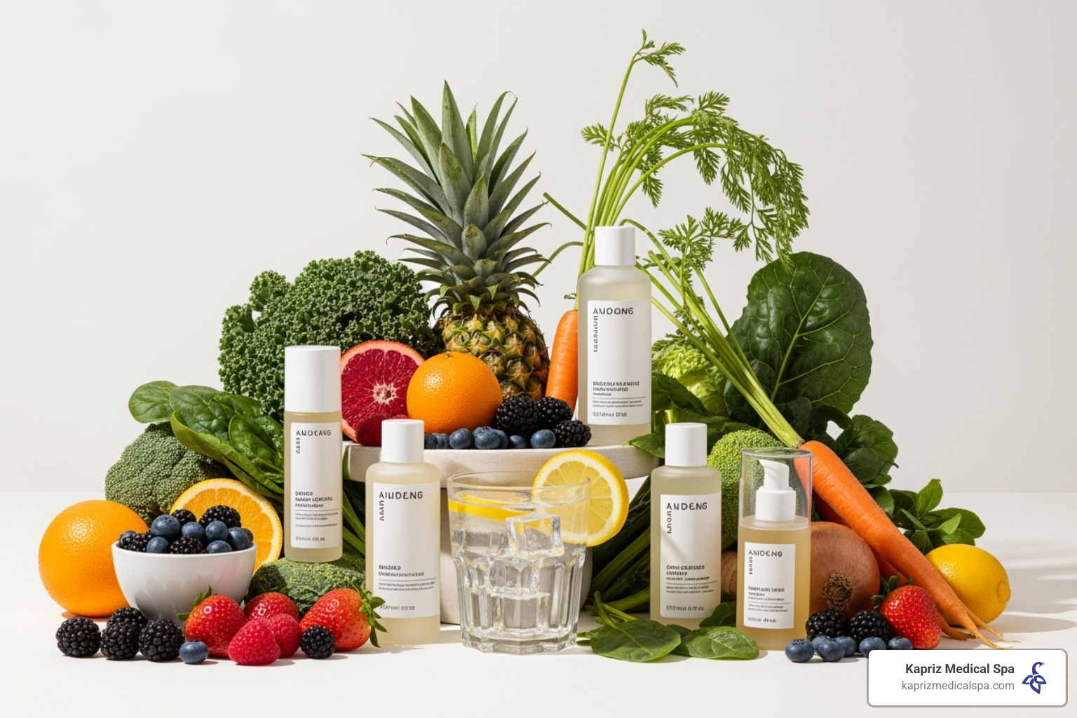 A vibrant image showcasing healthy foods (fruits, vegetables), a glass of refreshing water, and sleek bottles of quality skincare products, symbolizing a holistic approach to beauty - Natural facial rejuvenation