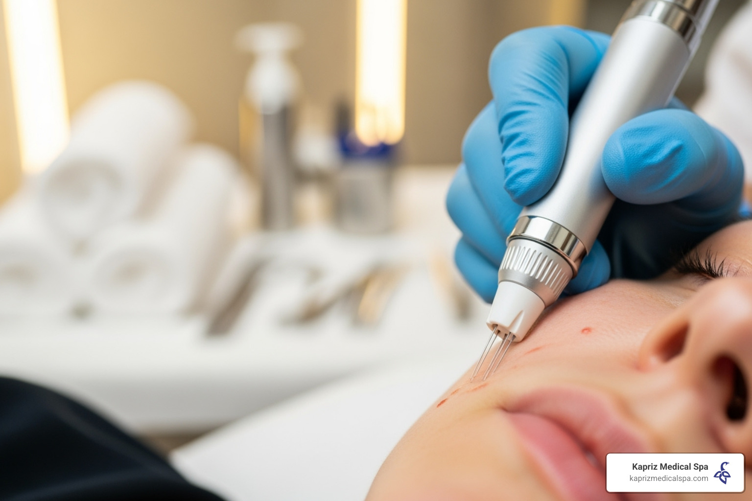 A close-up image of a professional performing a microneedling procedure on a patient's cheek in a clean, brightly lit medical spa setting - Natural facial rejuvenation