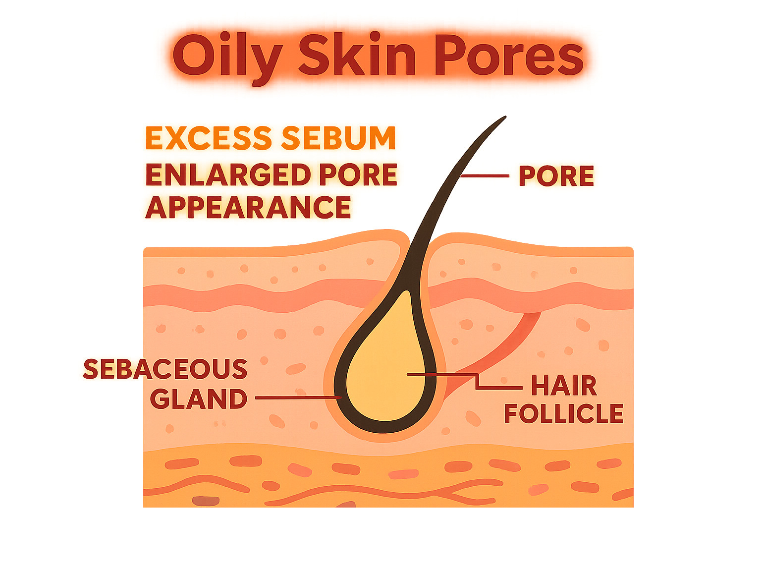 Detailed infographic showing cross-section of skin with sebaceous gland, hair follicle, and pore structure, illustrating how excess sebum production leads to enlarged pore appearance in oily skin - Oily skin pores infographic 