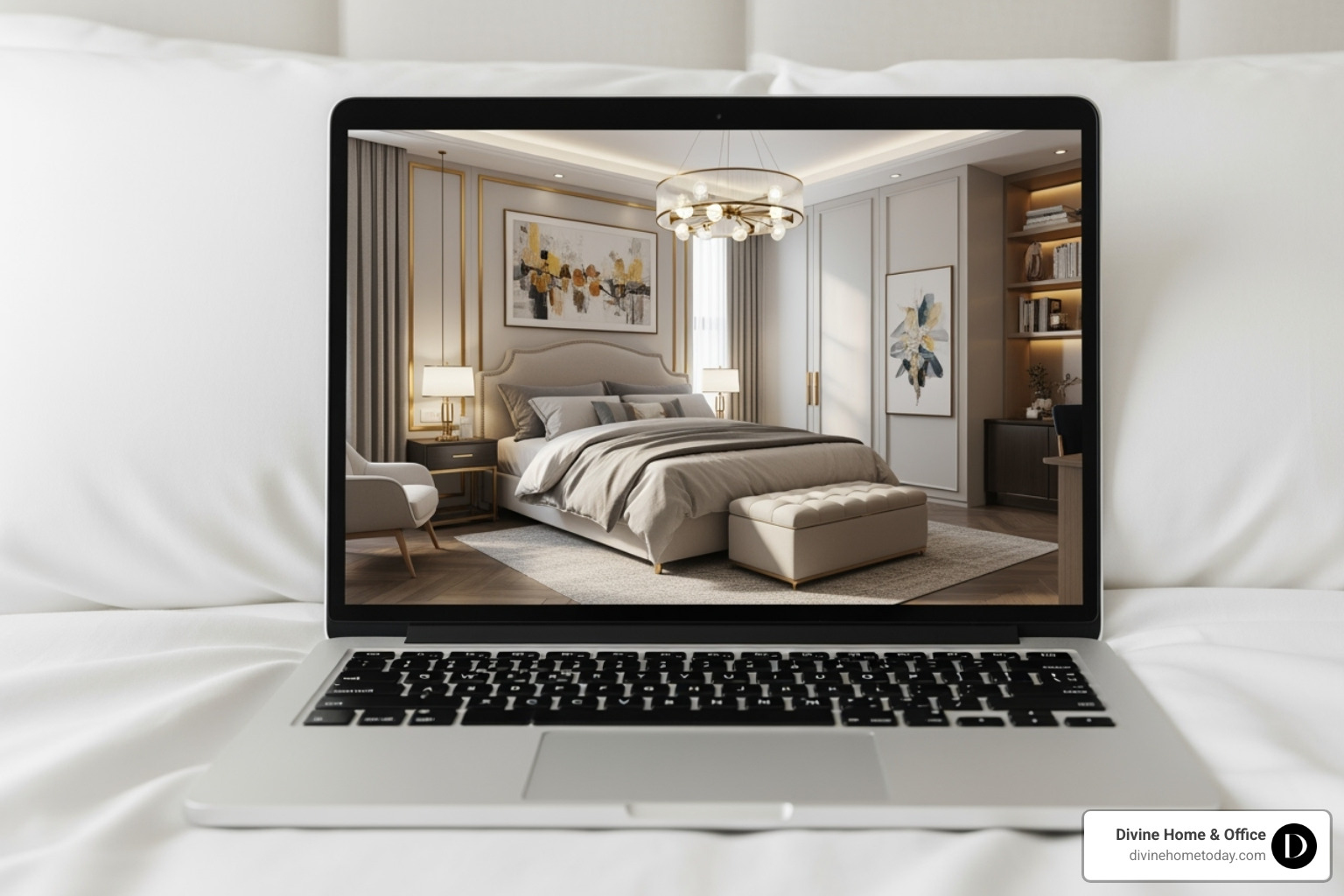 virtually staged bedroom photo on a laptop screen - staging a vacant home for sale