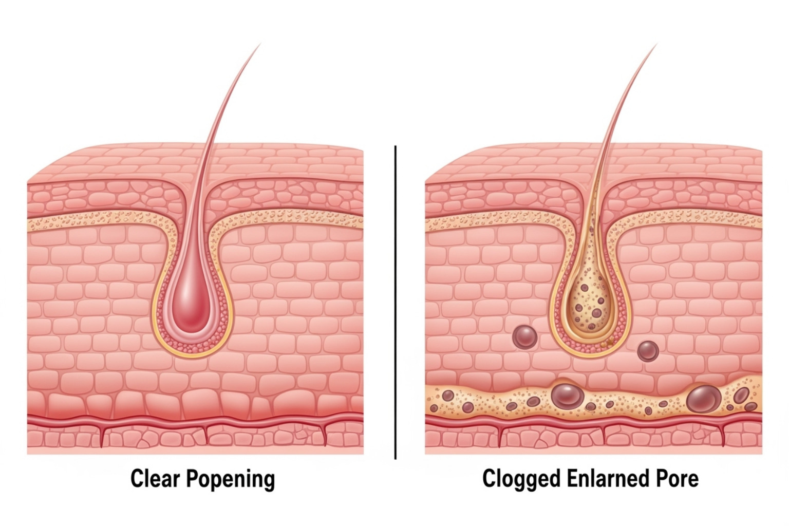 Illustration showing the anatomical difference between a healthy, clear skin pore and a clogged, enlarged pore - how to tighten pores on cheeks