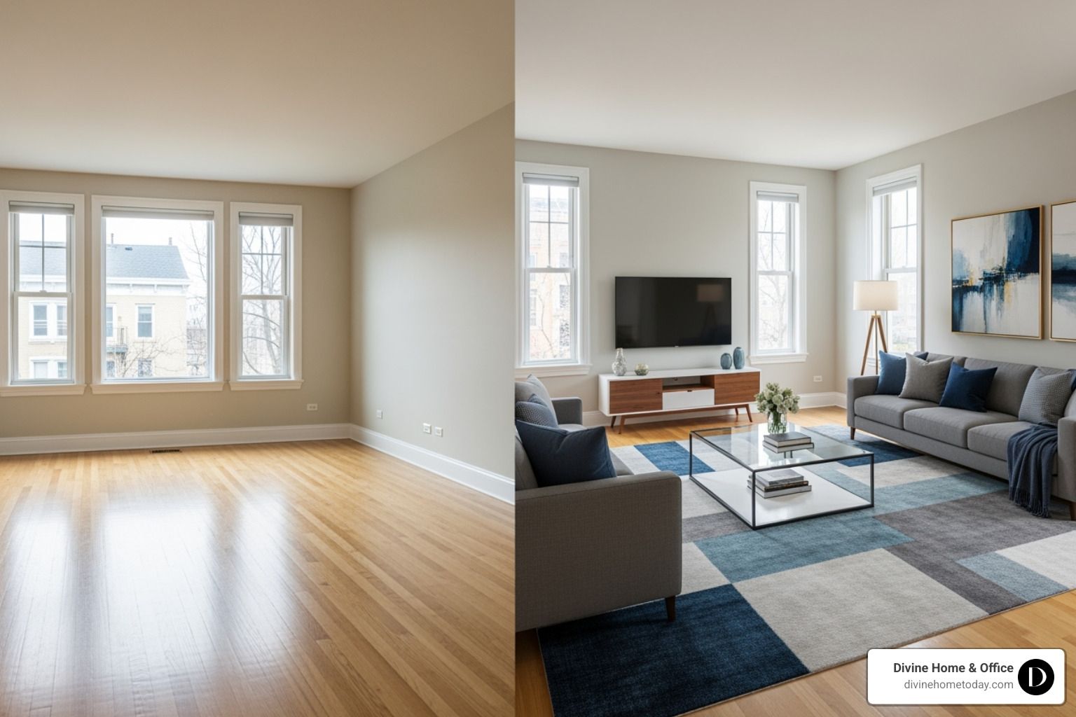 A side-by-side comparison of a vacant living room photo next to the same room virtually staged with modern furniture and decor - what is staging in real estate A side-by-side comparison of a vacant living room photo next to the same room virtually staged with modern furniture and decor - what is staging in real estate