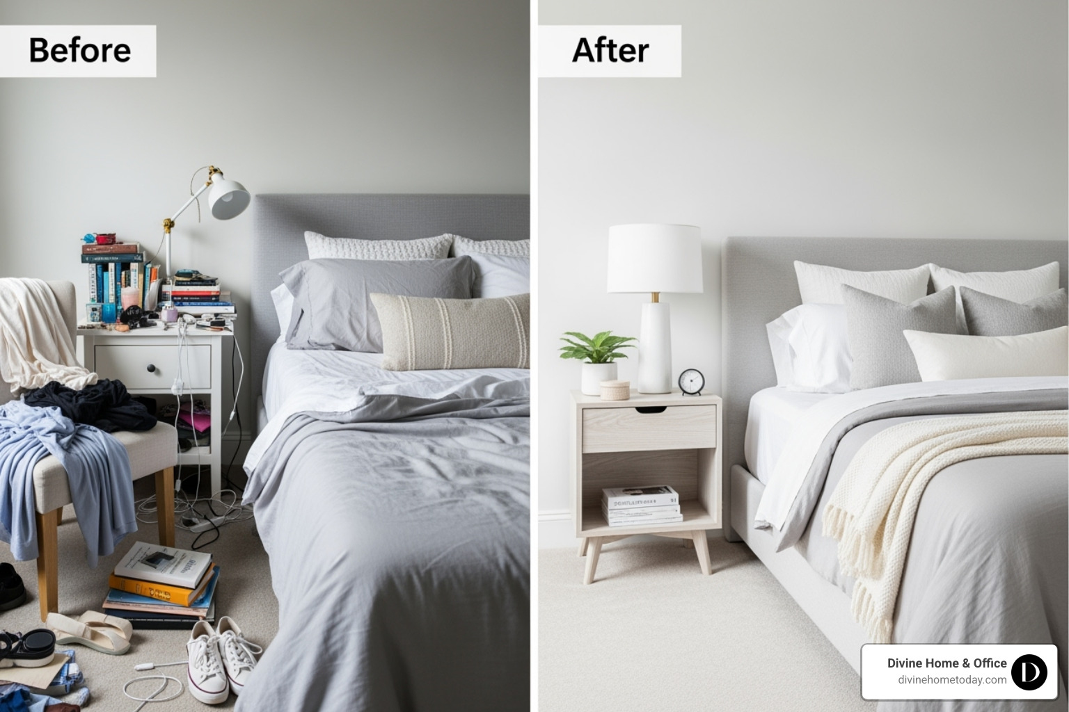 Before and after photo of a bedroom, showing a cluttered, personal space changing into a decluttered, serene, and professionally staged room - what is staging in real estate Before and after photo of a bedroom, showing a cluttered, personal space changing into a decluttered, serene, and professionally staged room - what is staging in real estate