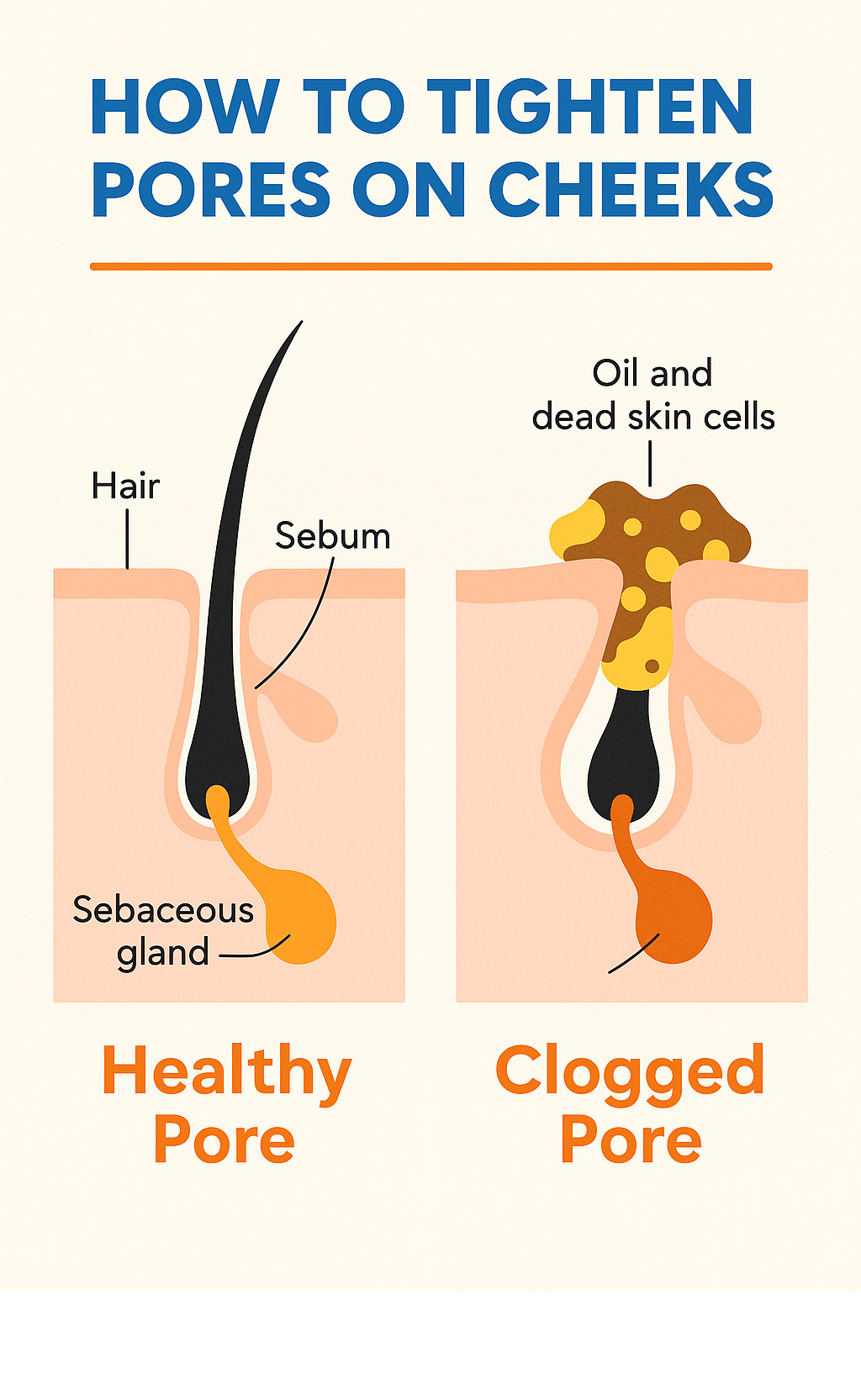 Infographic showing cross-section of healthy pore versus clogged pore, with labels showing sebaceous gland, hair follicle, sebum production, and how oil and dead skin cells can accumulate to make pores appear larger - how to tighten pores on cheeks infographic 