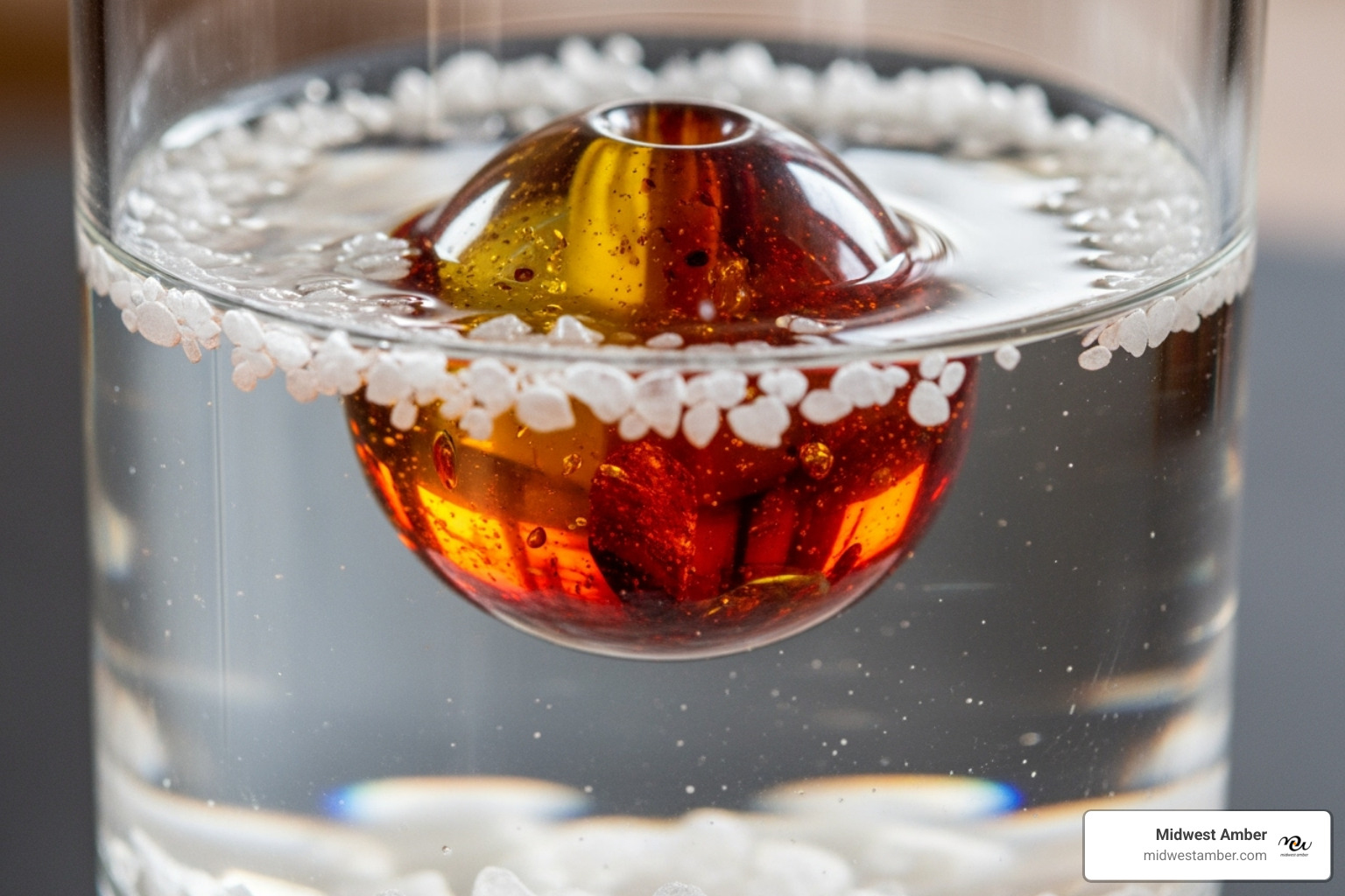 A genuine amber bead floating in saltwater, demonstrating the saltwater test for authenticity - egg yolk amber beads