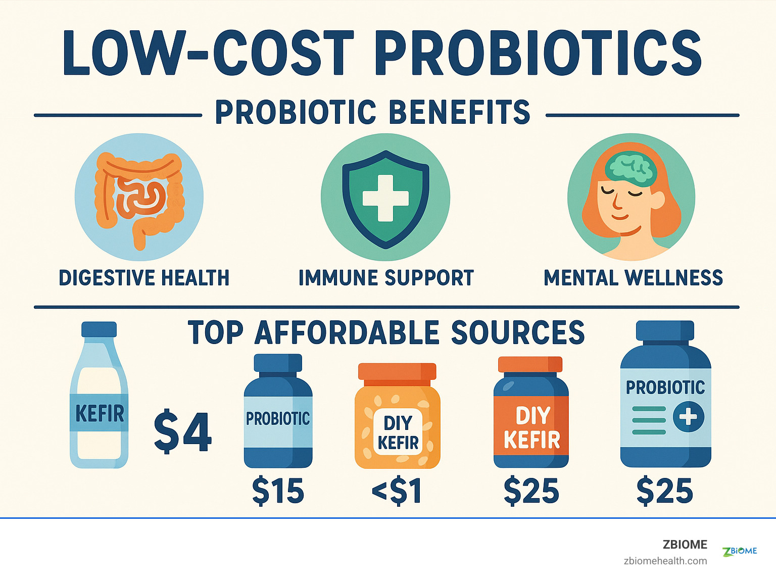 Comprehensive guide showing probiotic benefits including digestive health support, immune system strengthening, mental wellness improvement, and cost comparison between different affordable probiotic sources from fermented foods to budget supplements - low cost probiotics infographic 