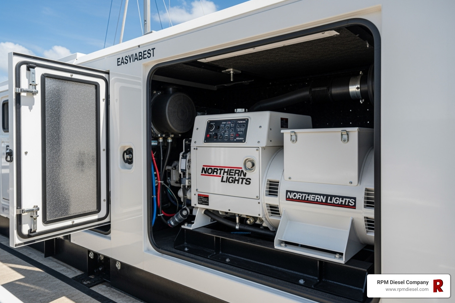 Northern Lights generator with its sound enclosure, showing the easy-access panels - northern lights generators marine