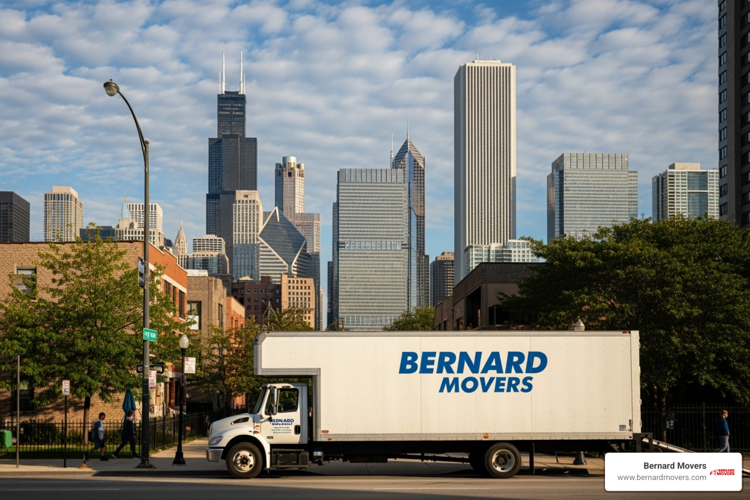 Bernard Movers truck with the Chicago skyline in the background - local movers jupiter