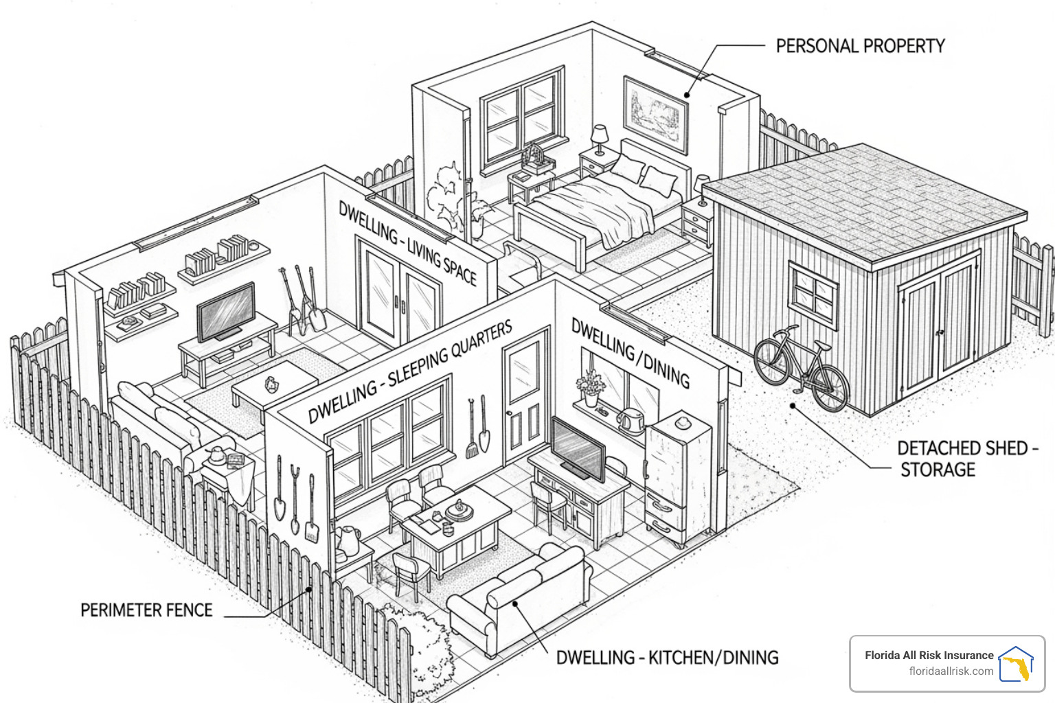 Diagram of a house with callouts for Dwelling, Other Structures (shed, fence), and Personal Property (furniture, electronics) - home insurance palm harbor fl
