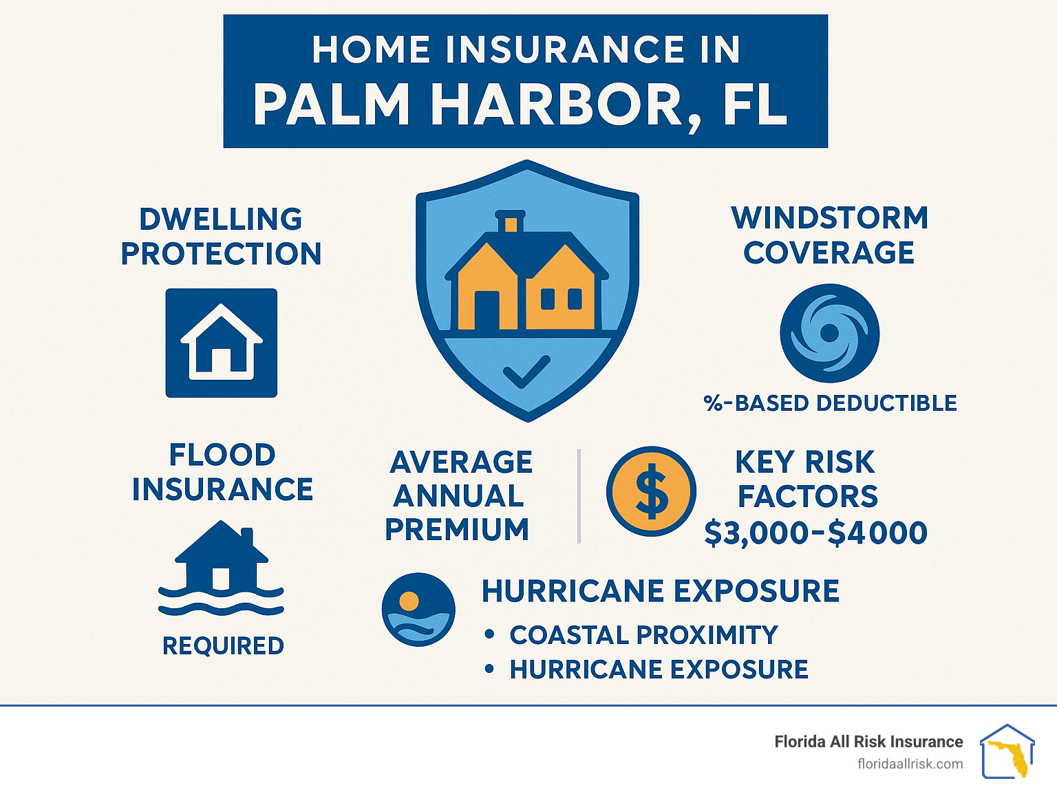 Comprehensive infographic showing Palm Harbor home insurance coverage breakdown including dwelling protection, windstorm coverage with percentage-based deductibles, flood insurance requirements, and average premium costs ranging from $3000-4000 annually with key risk factors like coastal proximity and hurricane exposure highlighted - home insurance palm harbor fl infographic 