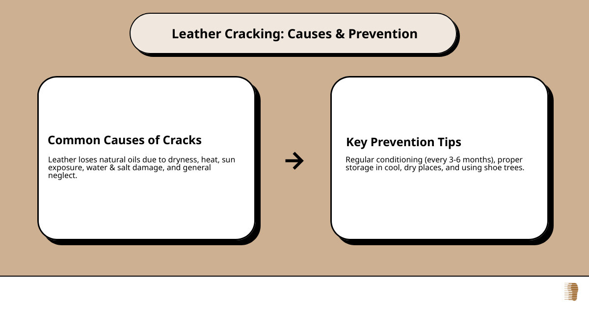 Infographic showing leather boot anatomy with common crack locations, environmental damage factors like sun and water exposure, and prevention timeline showing conditioning every 3-6 months with proper storage techniques - Repairing cracked leather boots infographic cause_effect_text
