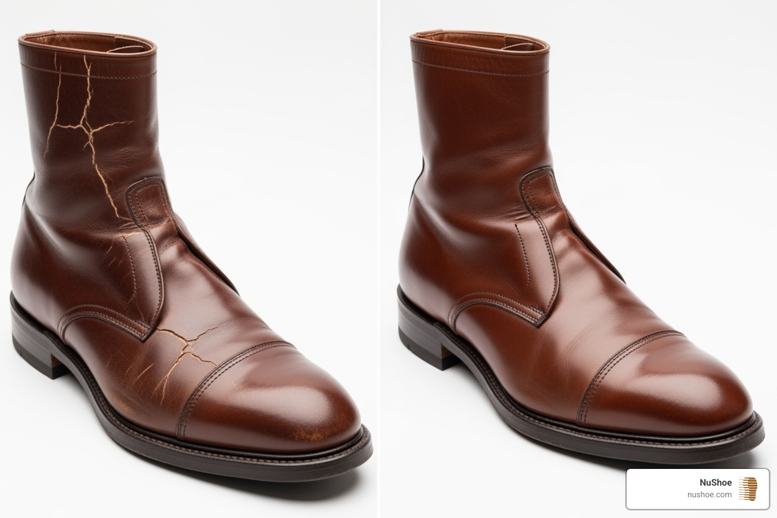 side-by-side comparison of a boot before and after a light crack repair - Repairing cracked leather boots