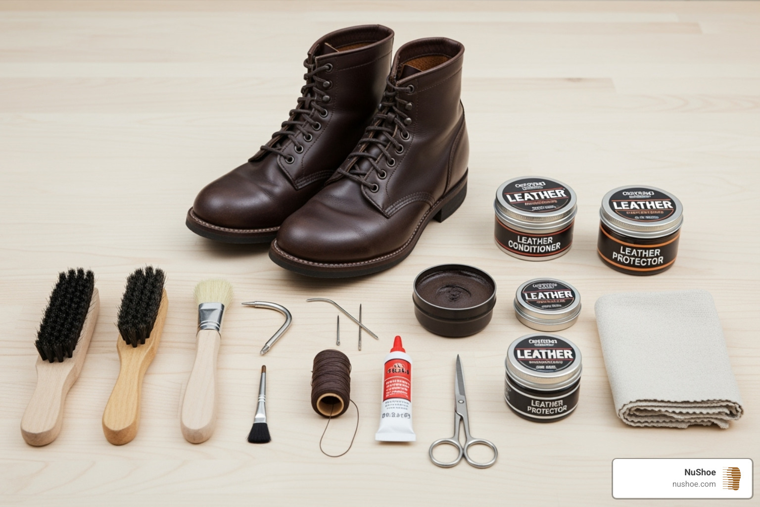 complete leather boot repair kit laid out neatly - Repairing cracked leather boots