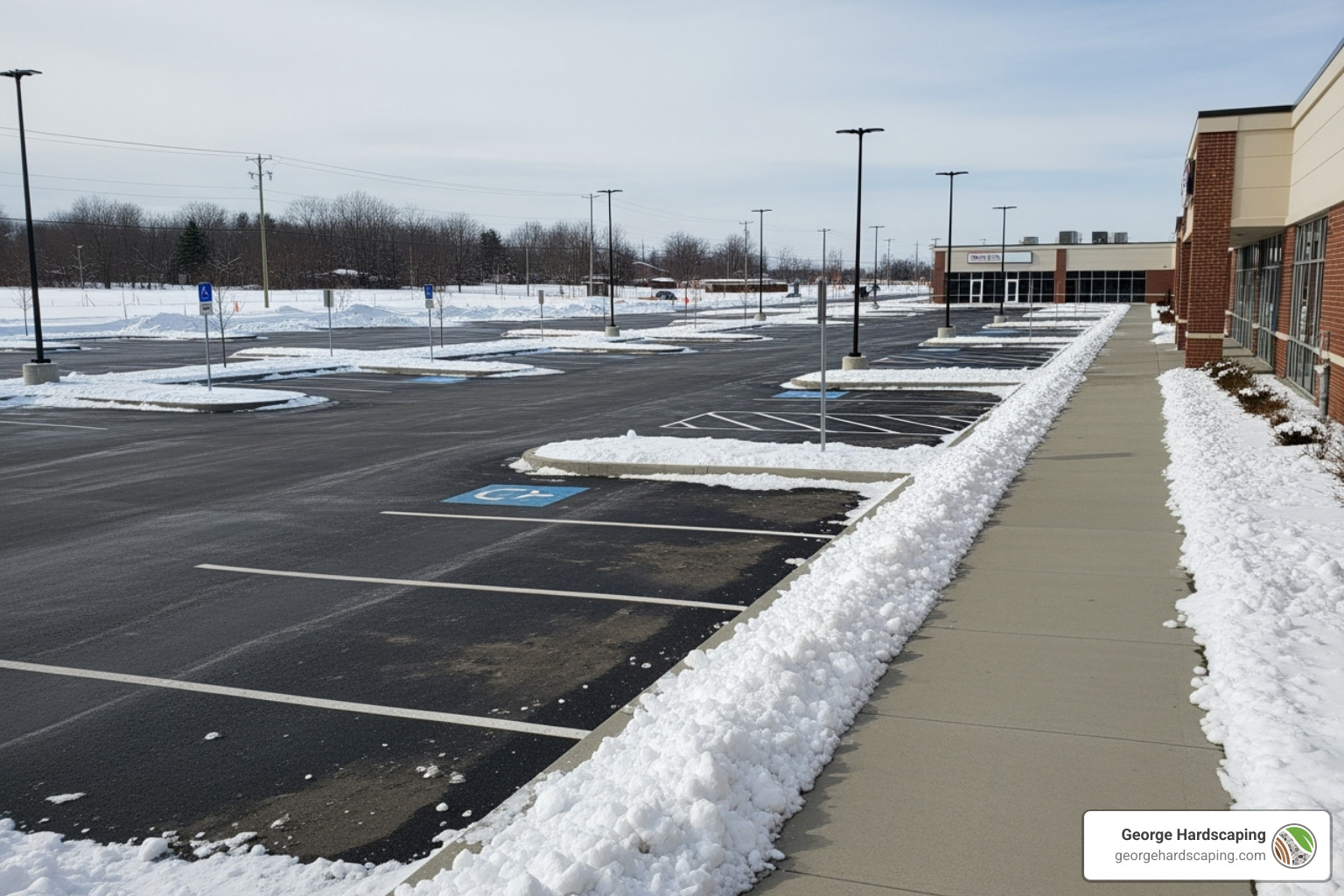 A cleared, safe commercial walkway and parking lot after a snowstorm, with clear paths for pedestrians and vehicles, demonstrating proper snow and ice management. - Ice and snow management