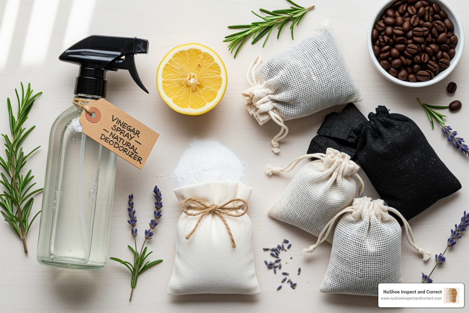 various DIY deodorizers like baking soda sachets, charcoal bags, and a vinegar spray bottle - eliminate shoe odor in closet various DIY deodorizers like baking soda sachets, charcoal bags, and a vinegar spray bottle - eliminate shoe odor in closet