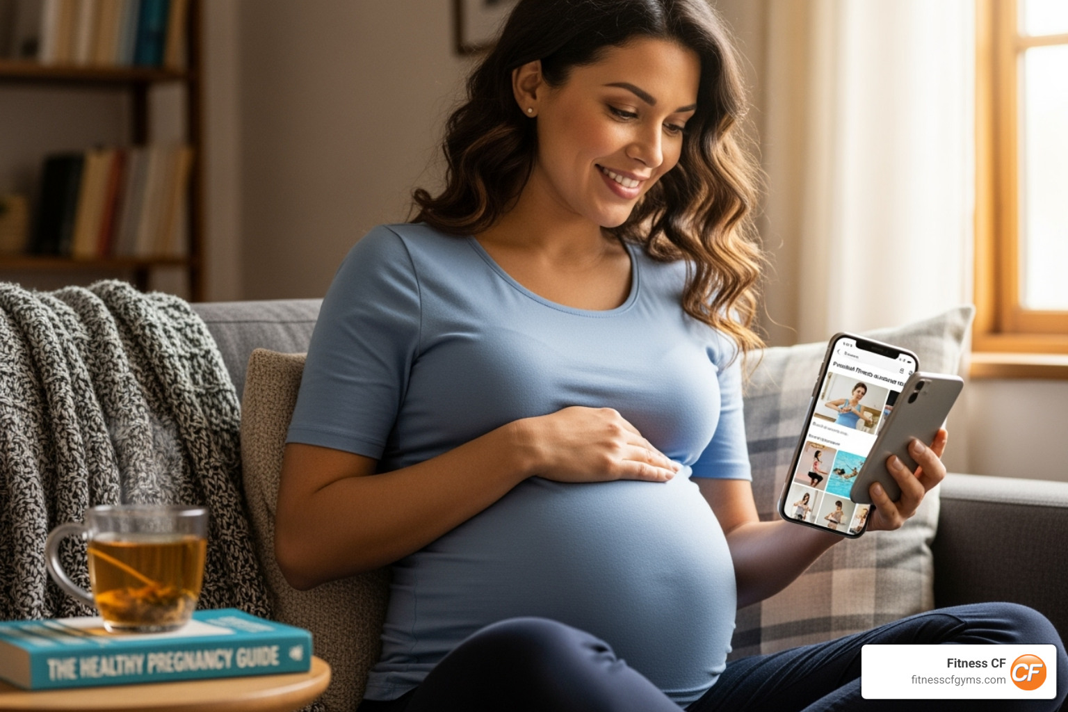 A woman on her phone, smiling, presumably searching for pregnancy fitness classes - pregnancy fitness classes near me