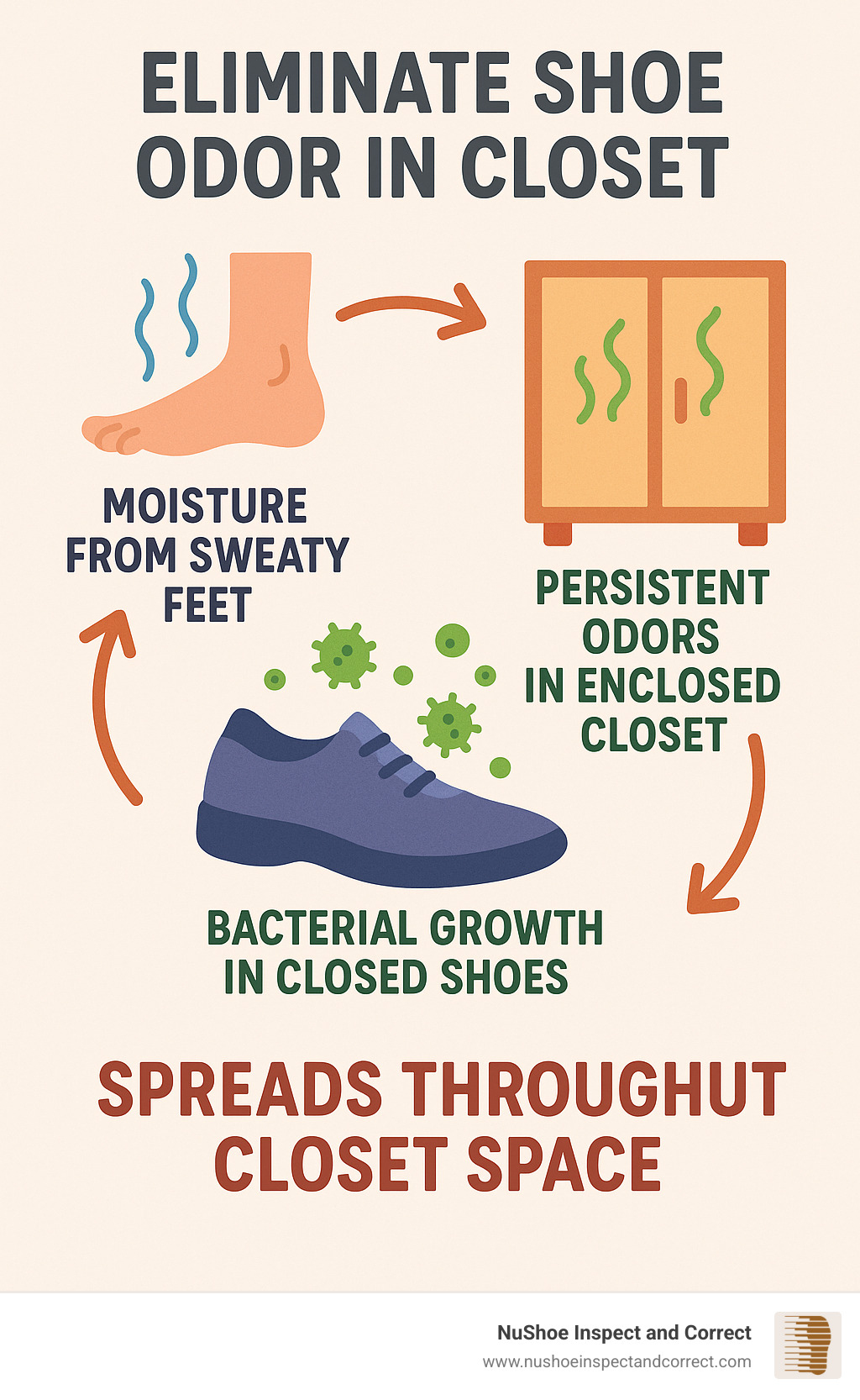 Detailed infographic showing the cycle of how moisture from sweaty feet leads to bacterial growth in closed shoes, which then spreads to create persistent odors throughout an enclosed closet space, with arrows indicating the progression from initial moisture to widespread contamination - eliminate shoe odor in closet infographic Detailed infographic showing the cycle of how moisture from sweaty feet leads to bacterial growth in closed shoes, which then spreads to create persistent odors throughout an enclosed closet space, with arrows indicating the progression from initial moisture to widespread contamination - eliminate shoe odor in closet infographic
