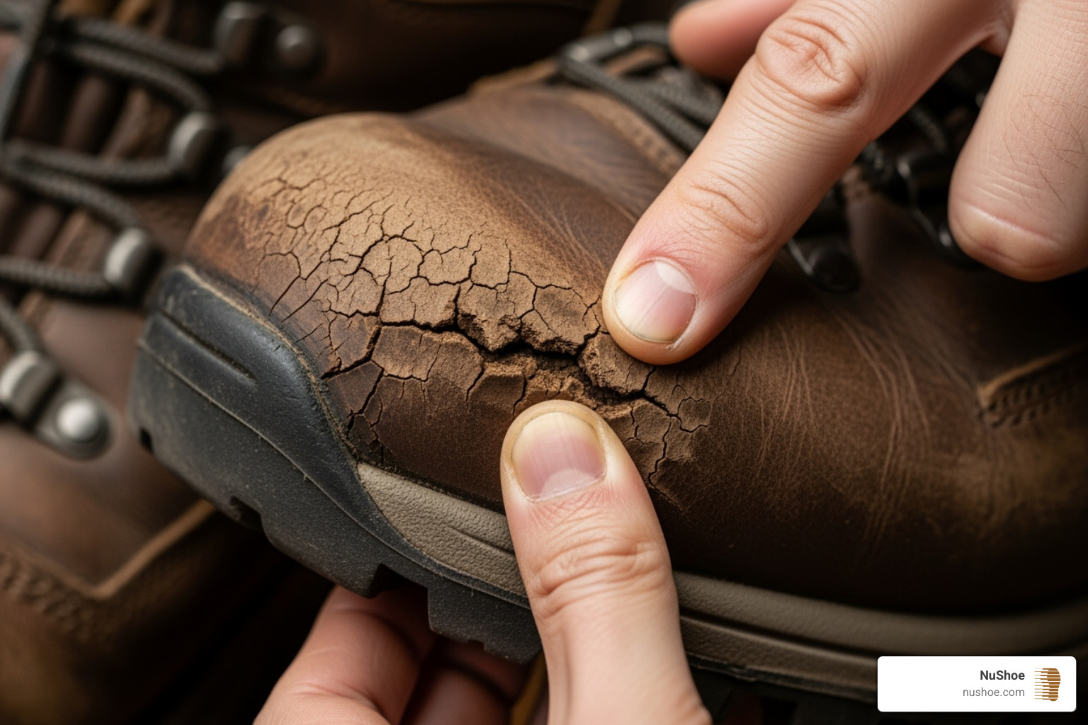 person inspecting cracked hiking boot - Cracked leather hiking boots