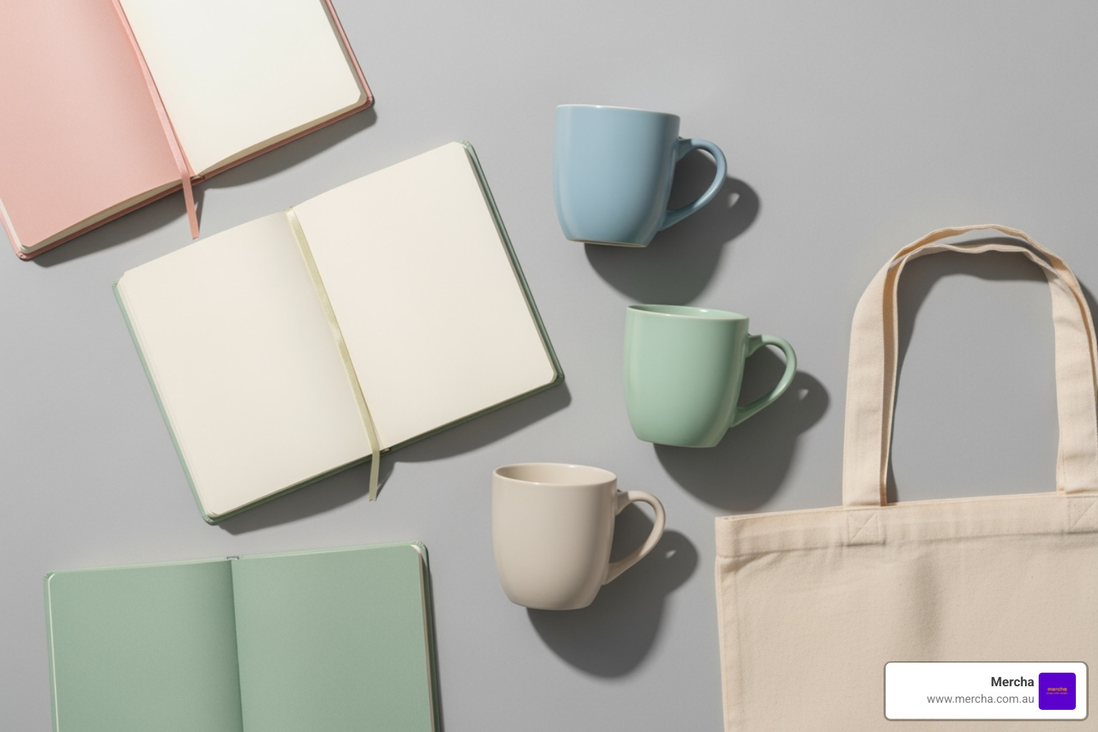 A variety of promotional products like mugs, notebooks, and tote bags arranged neatly - best promotional gifts for client onboarding