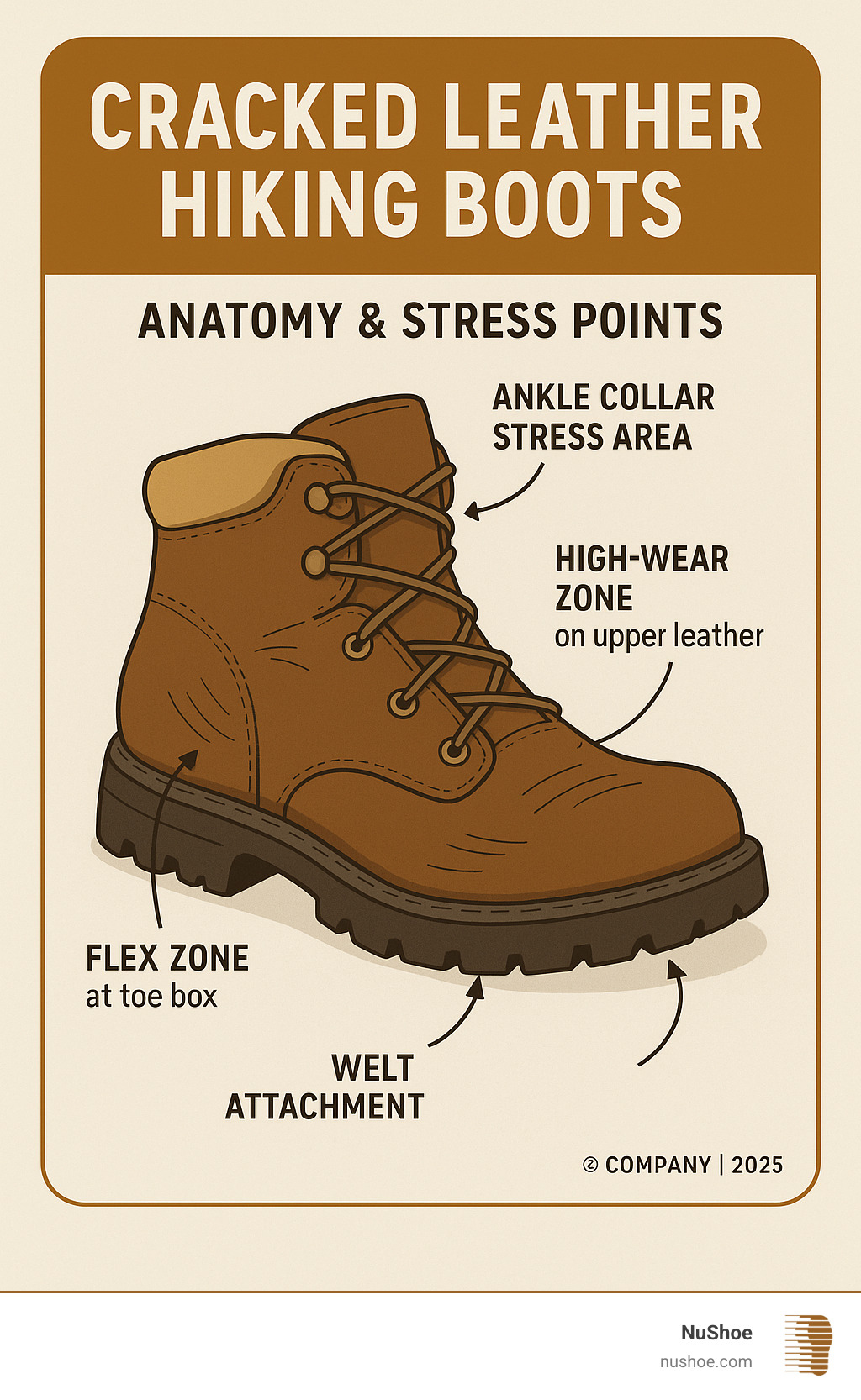 Detailed infographic showing hiking boot anatomy with labeled stress points where cracks commonly develop, including flex zones at the toe box, ankle collar stress areas, welt attachment points, and high-wear zones on the upper leather - Cracked leather hiking boots infographic 