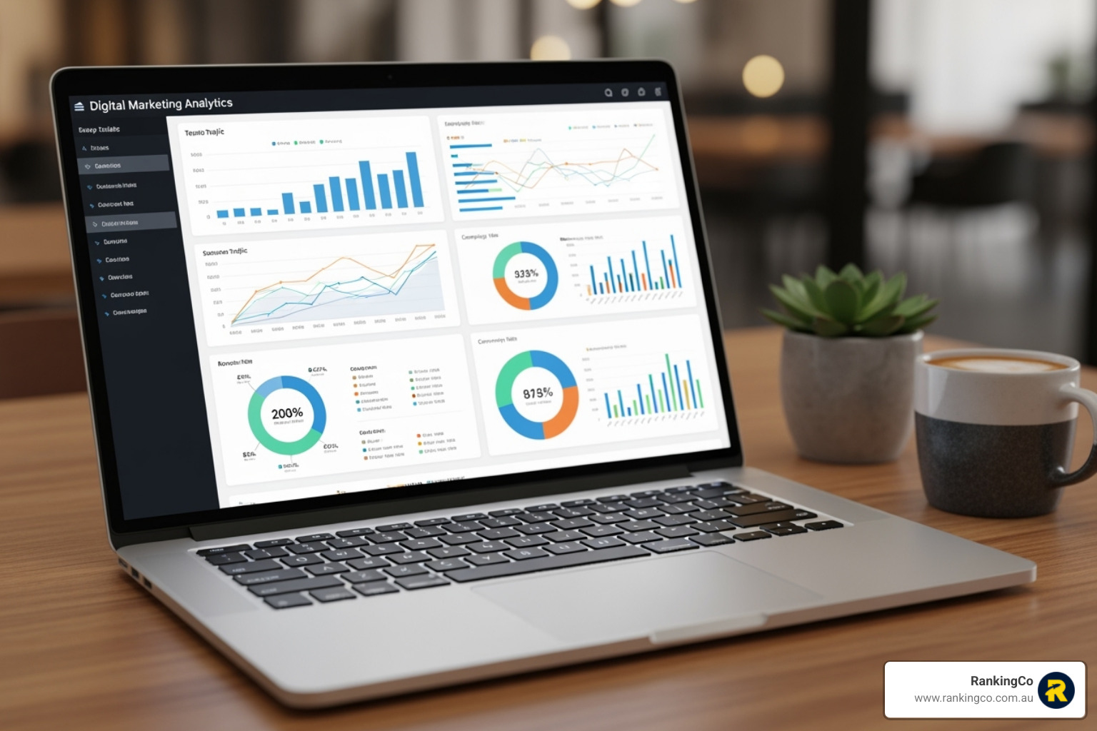 A laptop displaying digital marketing analytics and growth charts - effective advertising for small businesses