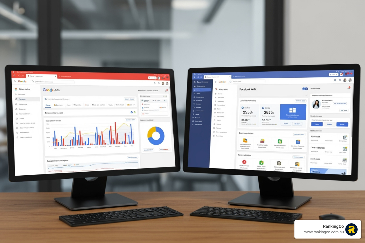 Google Ads and Facebook Ads dashboards side-by-side - digital advertising for small businesses