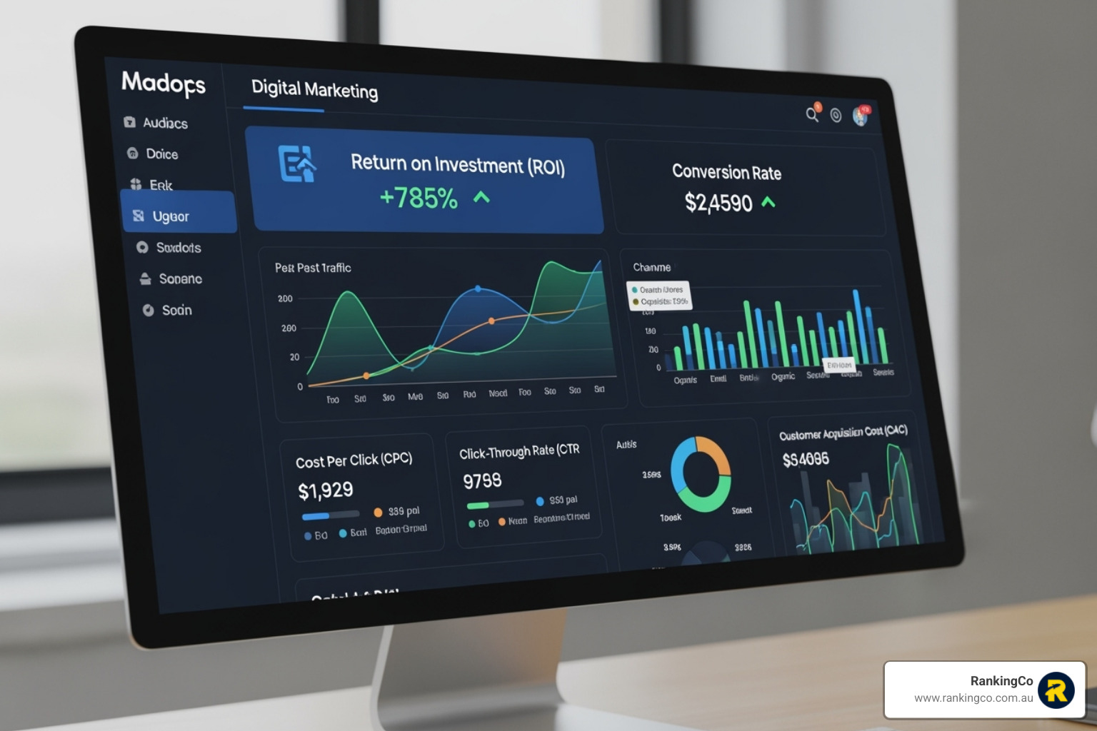 Digital marketing dashboard showing key metrics like ROI and conversion rate - digital advertising for small businesses