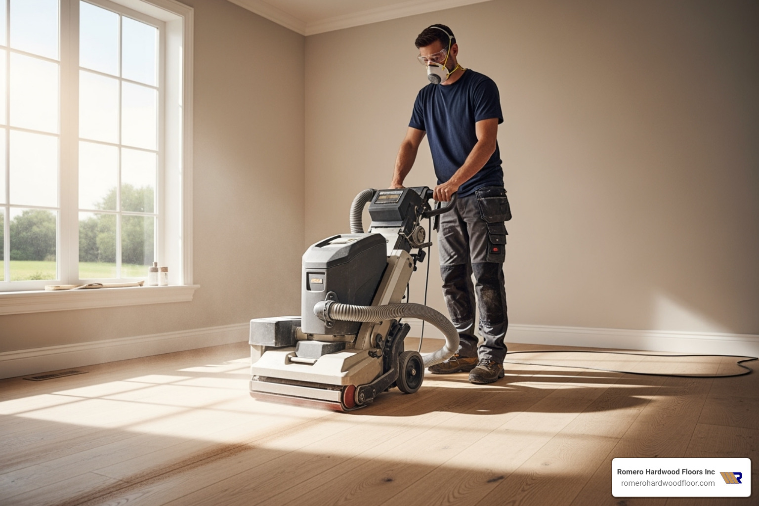 Professional using a dustless sanding system - hardwood floor refinishers