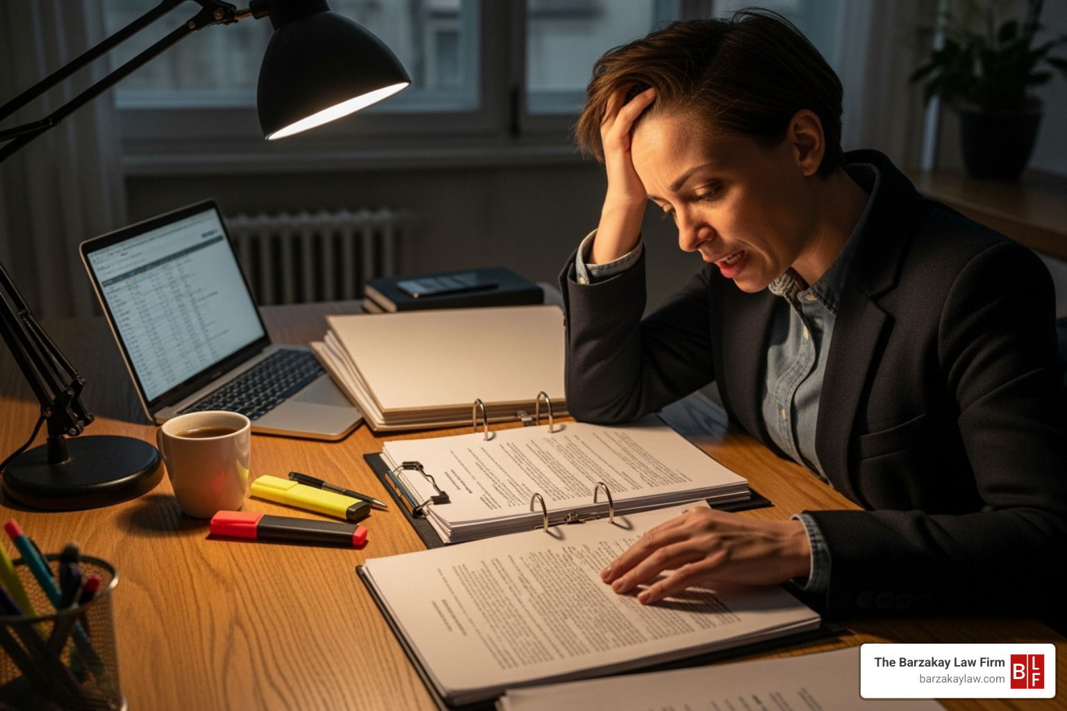 Person looking stressed while reviewing legal documents - bike accident lawyer fort lauderdale