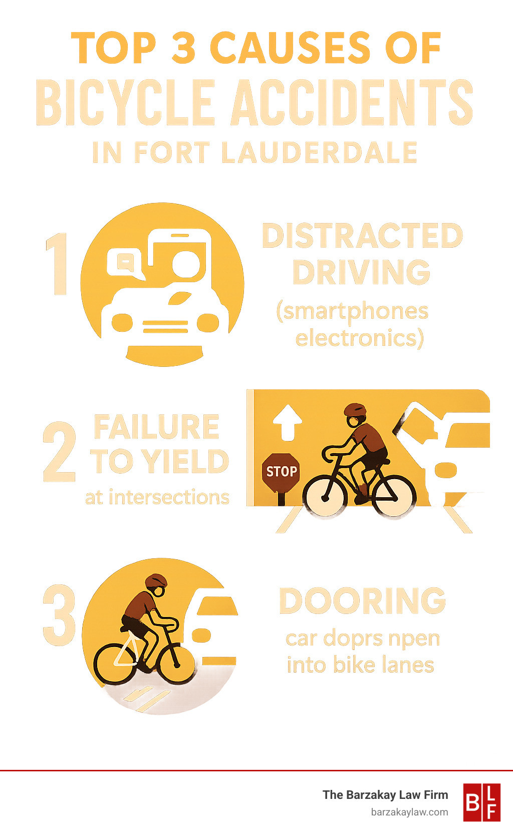 Infographic showing the top 3 causes of bicycle accidents in Fort Lauderdale: distracted driving (smartphones and electronics), failure to yield right-of-way at intersections, and dooring accidents where car doors open into bike lanes - bike accident lawyer fort lauderdale infographic 