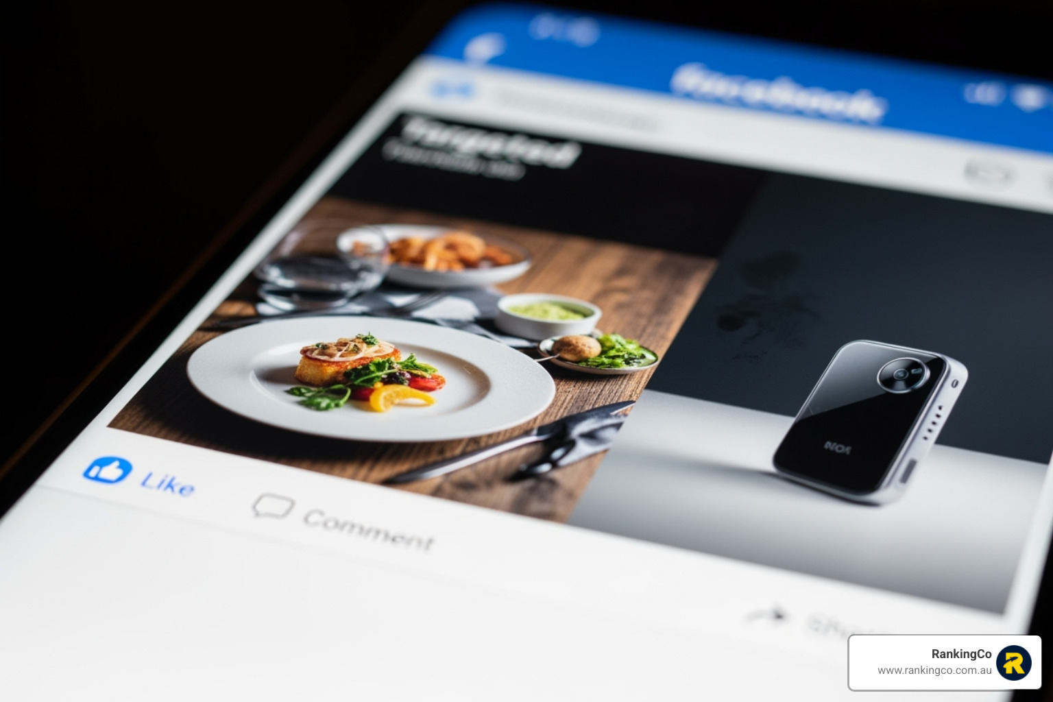 A targeted Facebook ad displayed on a smartphone screen, showcasing a small business product.