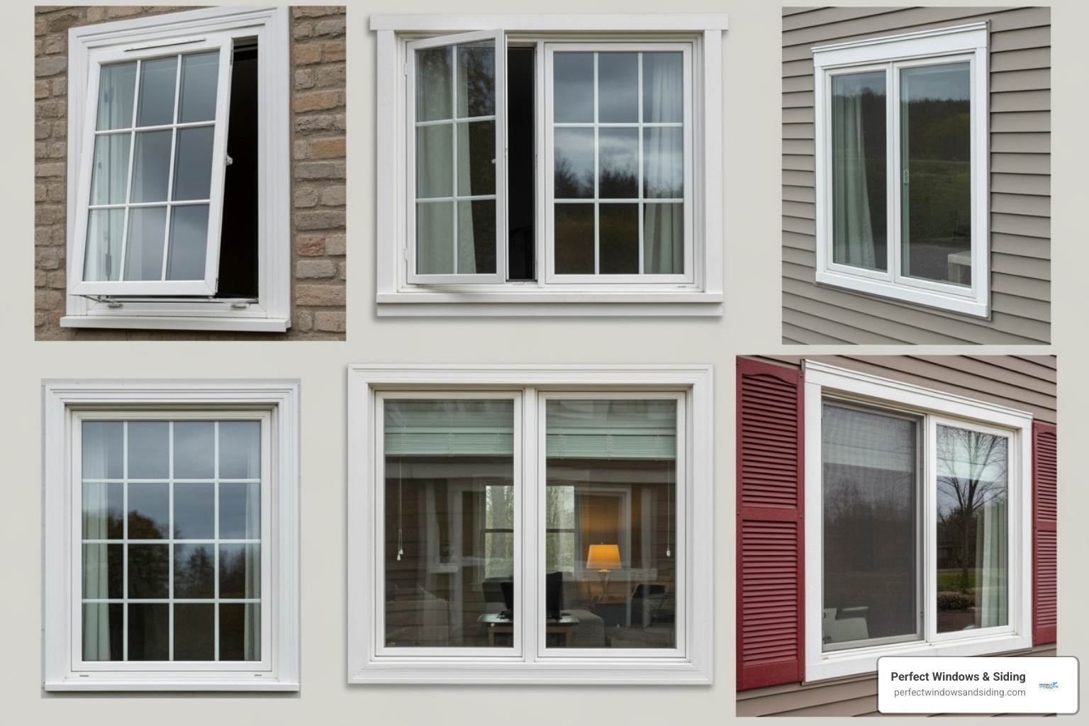 collage of different window styles like casement, double-hung, and picture windows - window replacement company