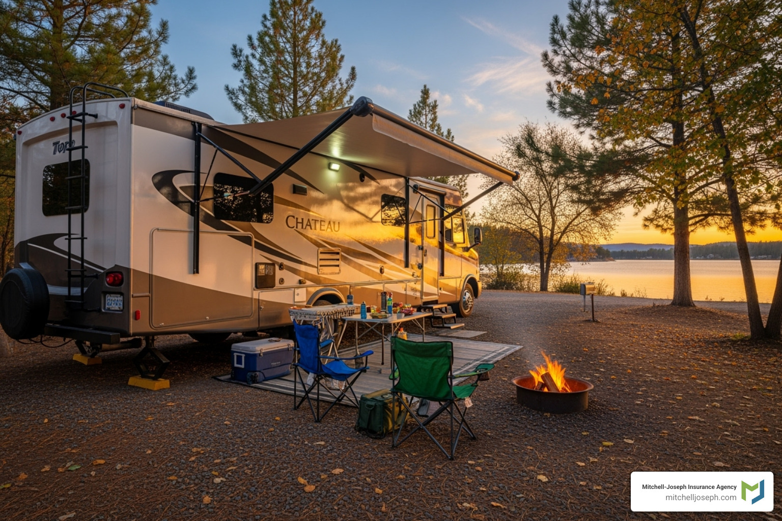 An RV parked at a campsite with an awning out and chairs set up - how much is rv insurance