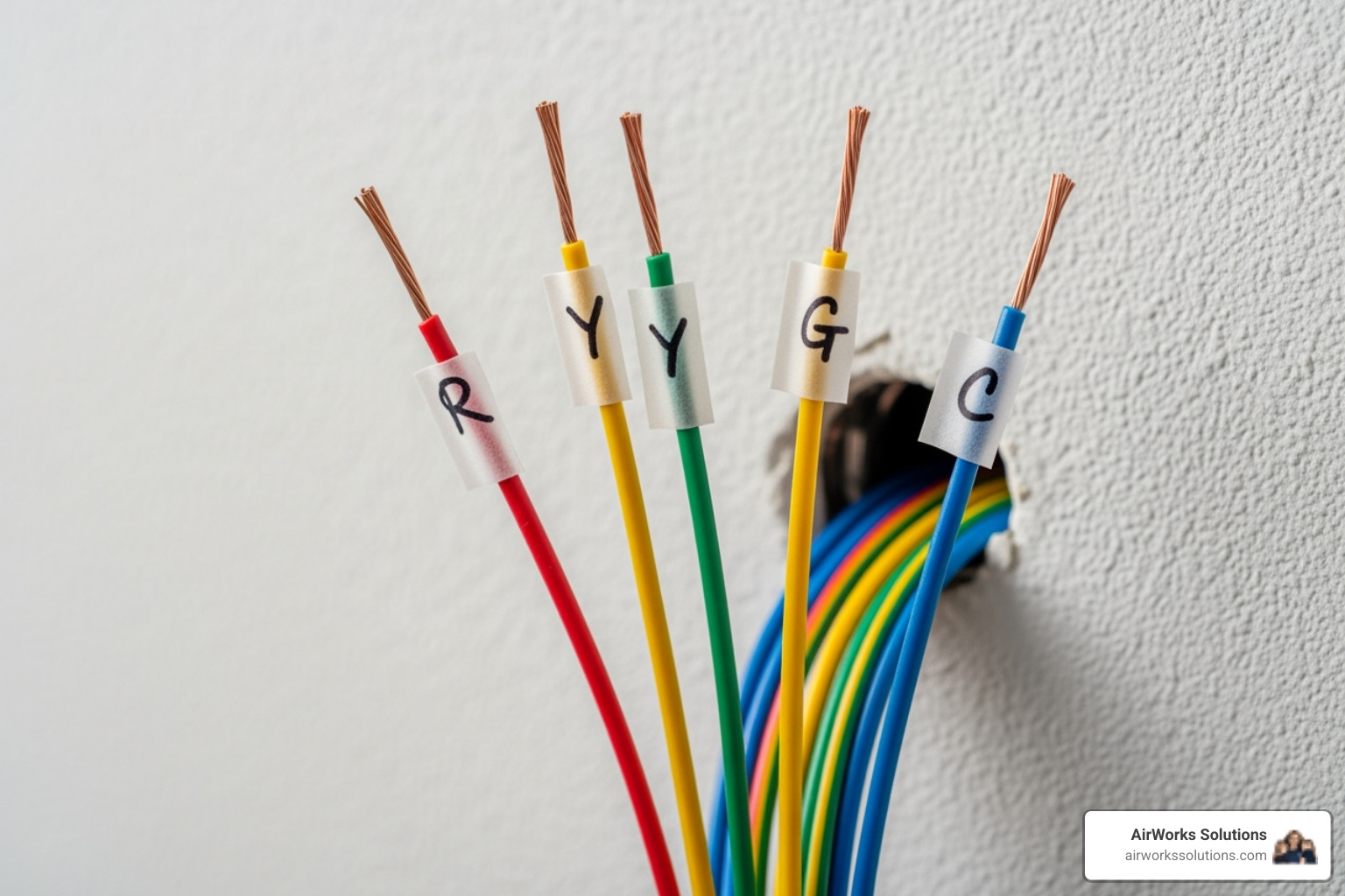 Thermostat wires with labels attached - smart thermostat installation