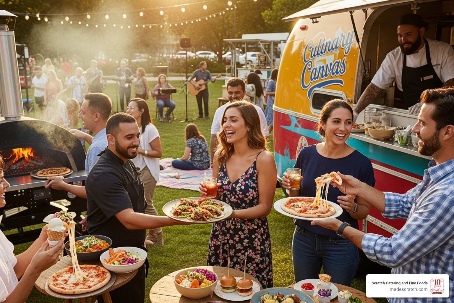 guests interacting with a mobile food truck or live cooking station - creative catering solutions