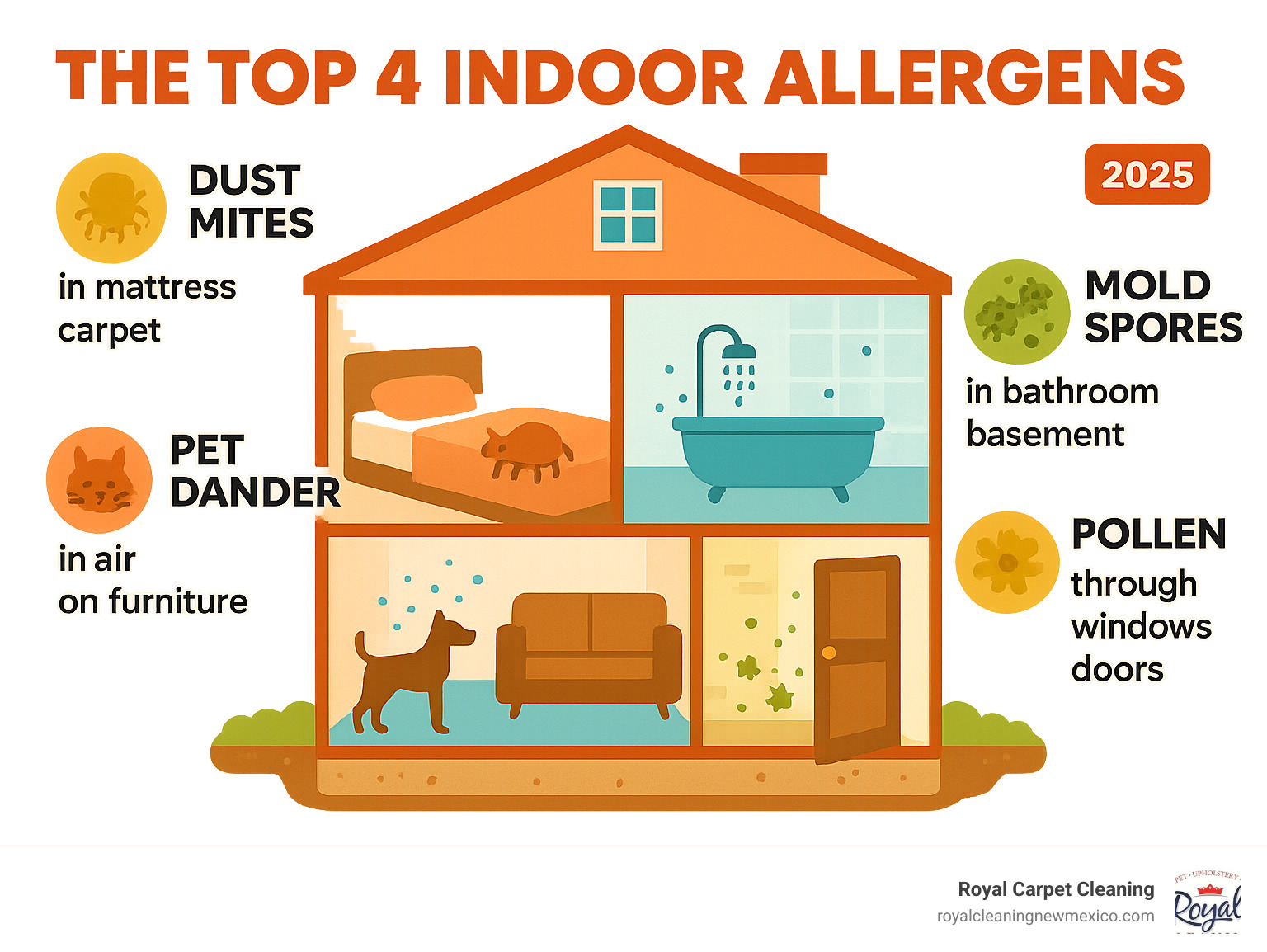 Infographic showing the top 4 indoor allergens - dust mites hiding in mattresses and carpets, pet dander floating in air and settling on furniture, mold spores growing in damp bathrooms and basements, and pollen entering through windows and doors with their most common hiding spots labeled throughout a cross-section home diagram - deep cleaning for allergies infographic 