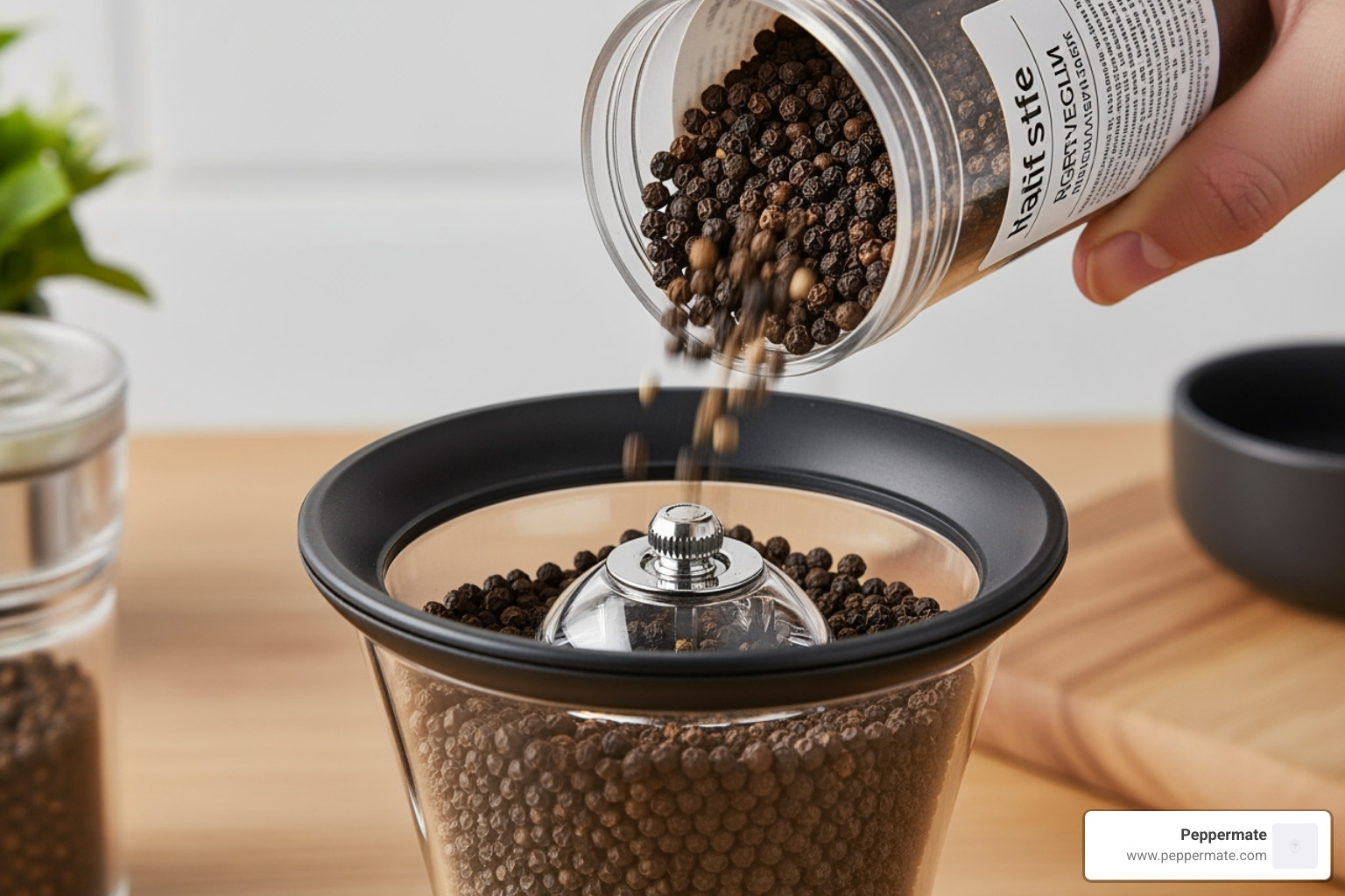 wide-mouth Peppermate grinder being easily filled with peppercorns - Grinder for peppercorns
