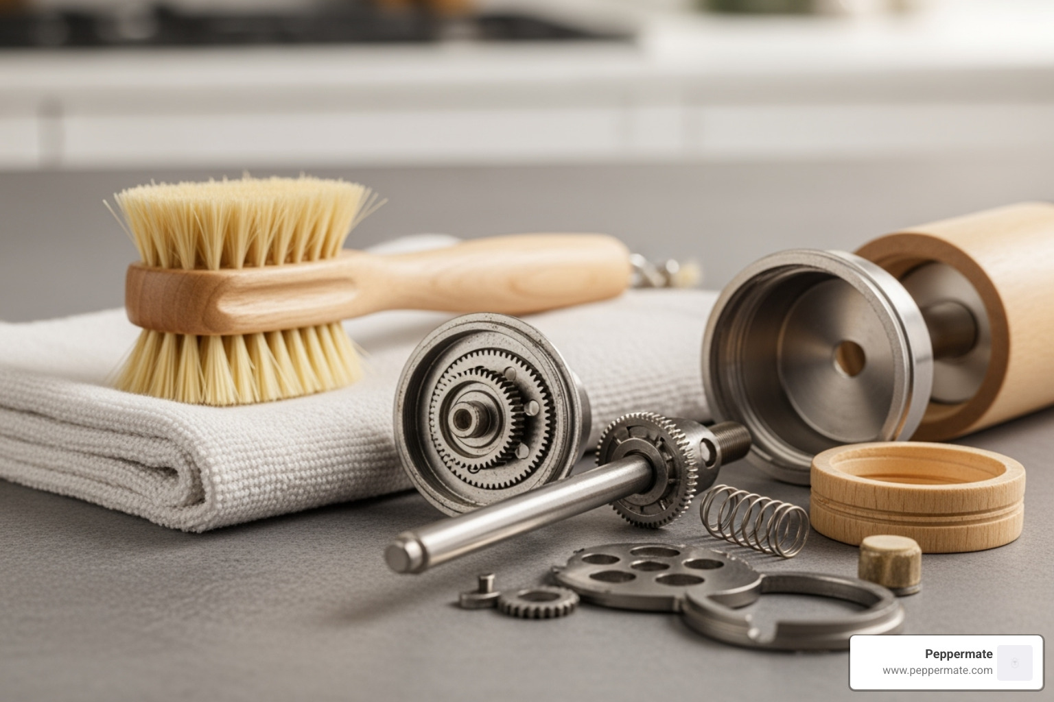 cleaning supplies next to a disassembled Peppermate pepper mill - Grinder for peppercorns