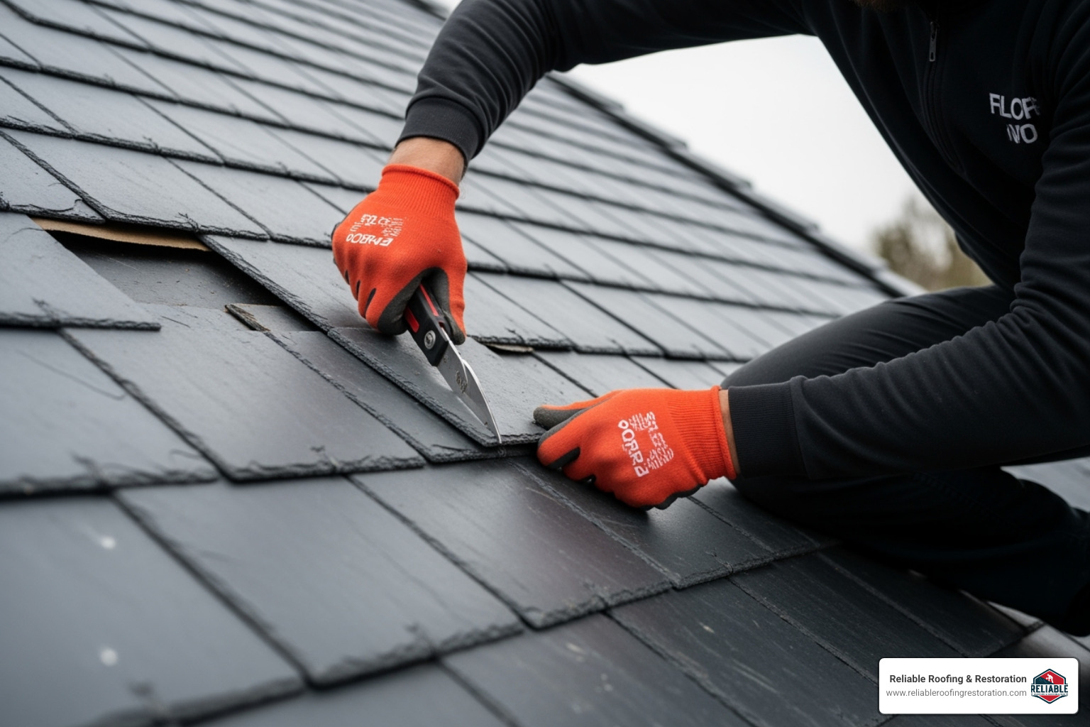 roofer carefully cutting and fitting a slate tile - cost of new slate roof