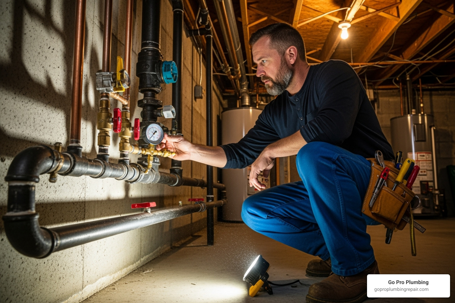 plumber inspecting a gas line with a pressure gauge - house gas line repair