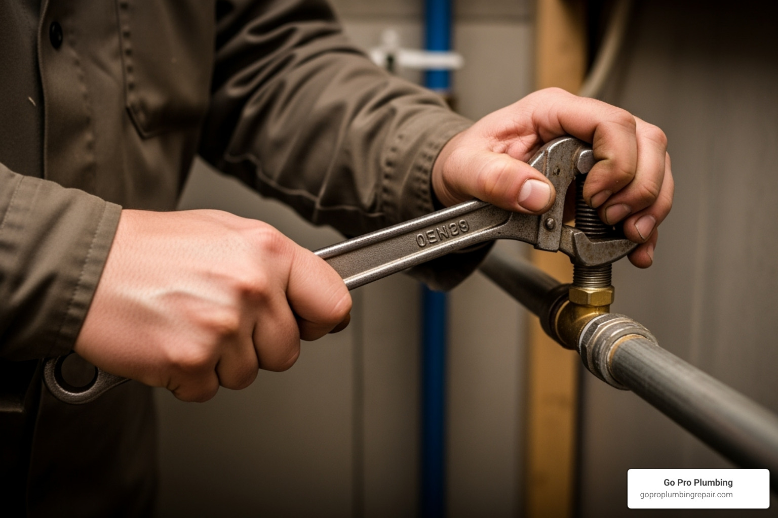 certified plumber using a wrench on a gas pipe - house gas line repair