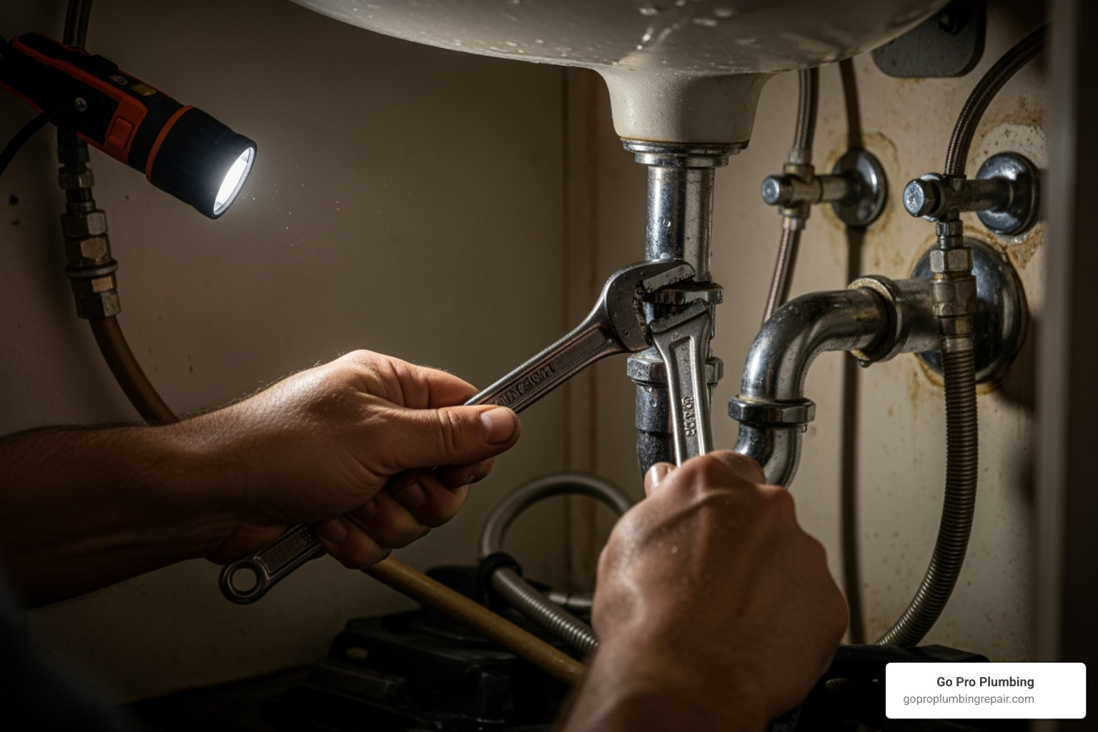 A close-up shot of a plumber's hands using a basin wrench to loosen a nut in the tight space under a sink, highlighting the difficulty of access - changing a faucet on a pedestal sink